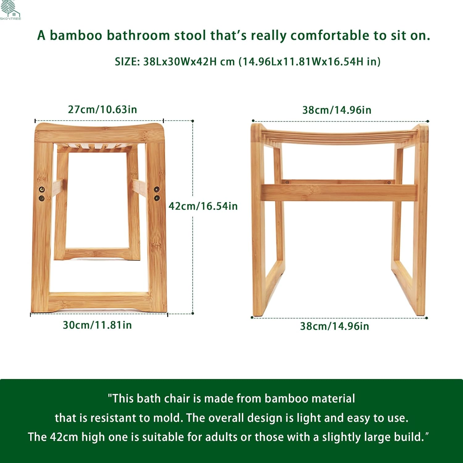 Bamboo Shower Stool with Waterproof Treatment, No Mold, Portable Shower Chair with Non-Slip Feet, Sturdy and Durable Wooden Stool, Rectangular Bathroom Stool. (38X30X42 Cm) image number 4