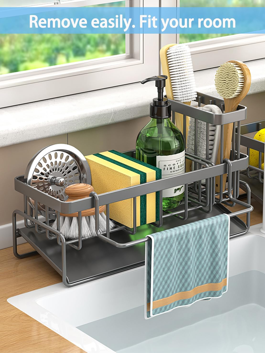 Sink Caddy Organizer with Self Draining Tray, Sponge Holder, Brush Holder, Dish Soap Dispenser Storage, Kitchen Counter Organizer (Gray)