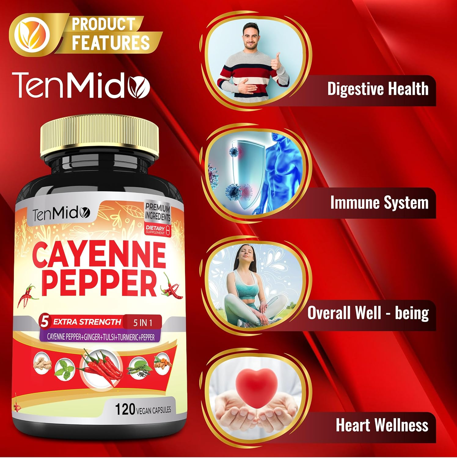 Tenmido Cayenne Pepper Supplement 6500Mg, 4 Months Supply with Ginger, Turmeric Curcumin, Tulsi, Black Pepper - Supports Immune System, Promotes Digestive System Function - 120 Vegan Extract Capsules image number 4