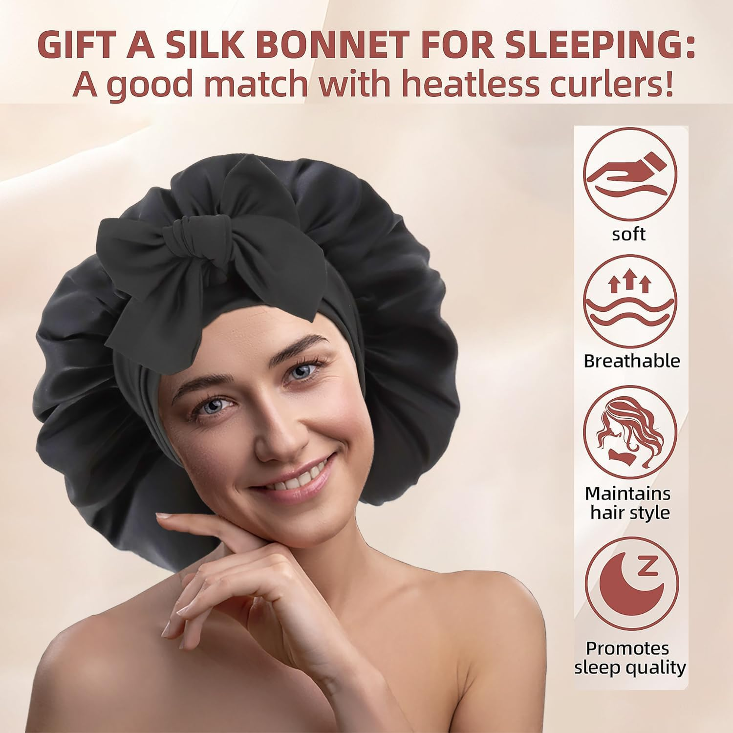 Satin Curling Iron without Heat - 3 Ways to Curl Hair, Blow Dry Curls without Heat Overnight, Curling Iron Set without Heat with Satin Hood for Sleeping (Brown & Black, One Size)