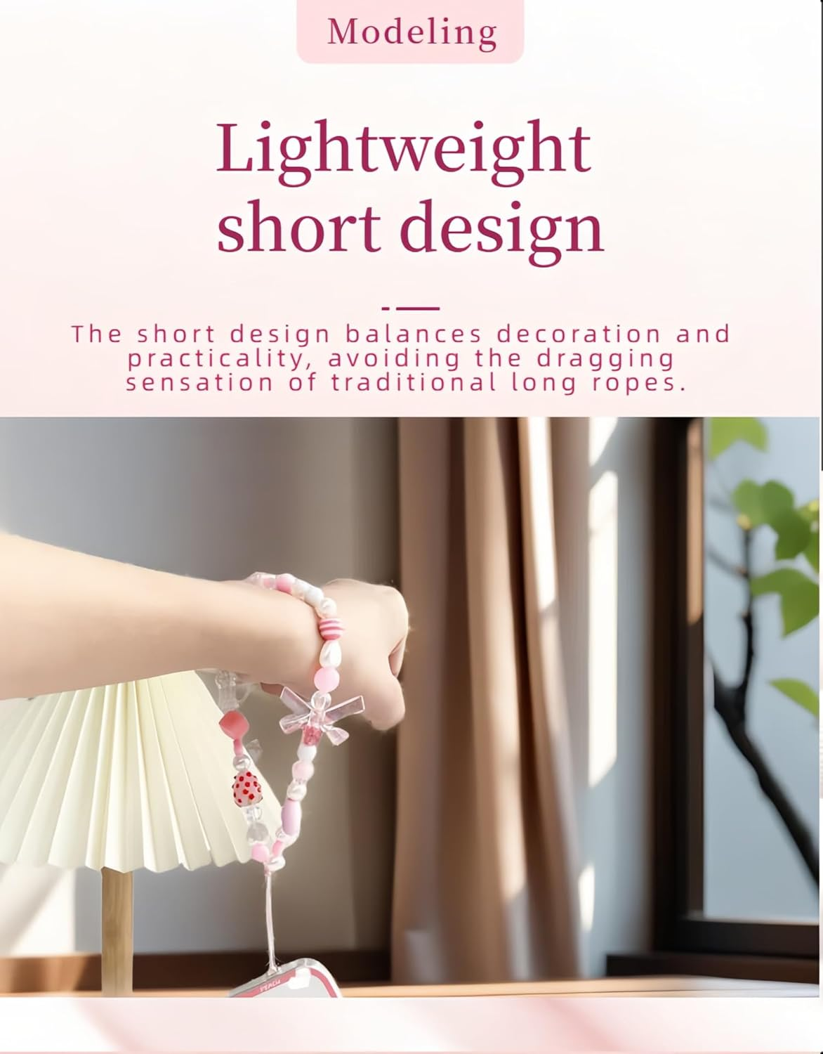 Strawberry Charm Phone Strap & Wristlet - Anti-Loss Sparkle Beaded Lanyard for Phone Camera, Cute Kawaii Gift for Women Girls (Pink Pearl Bow), Short Lightweight Design image number 3