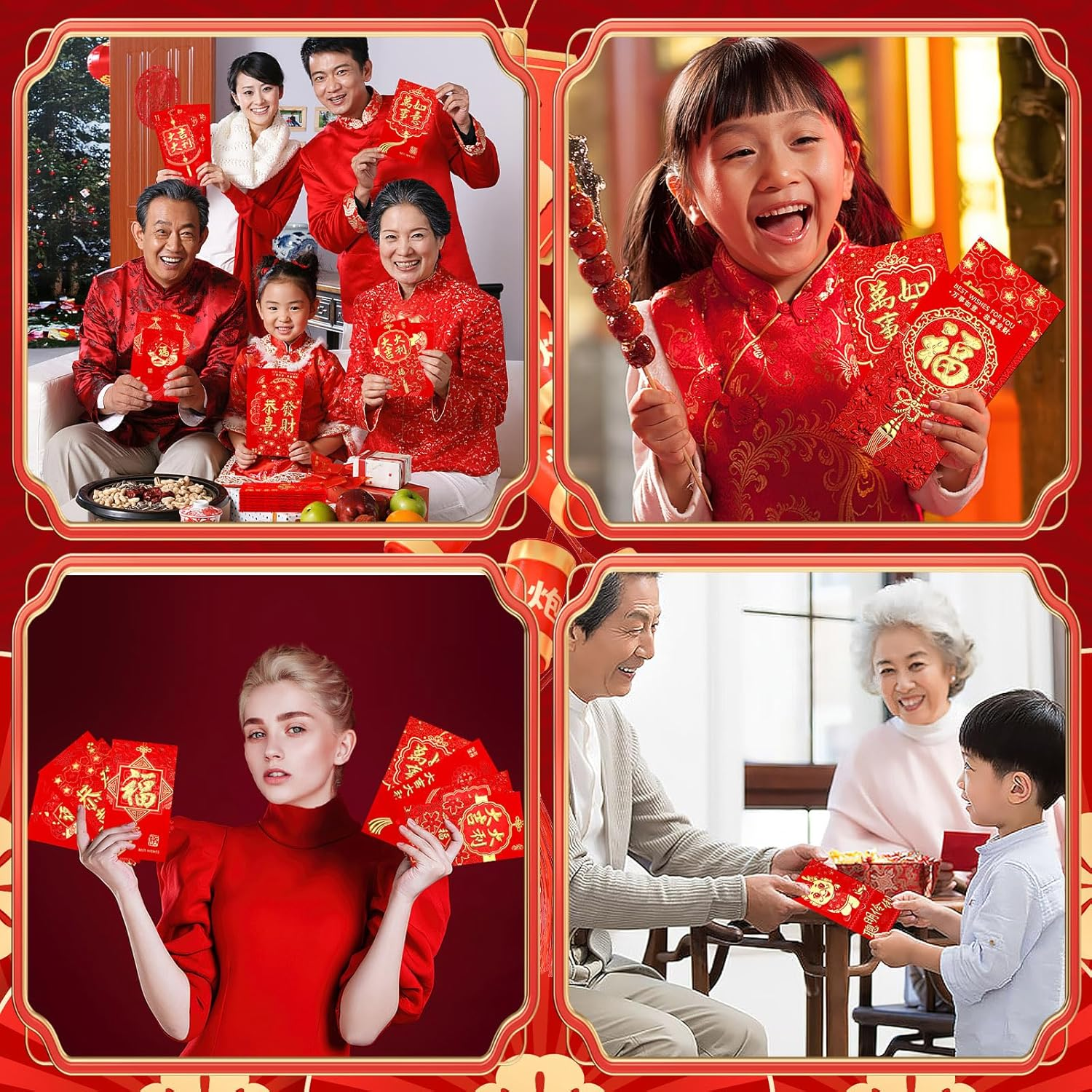 SEPGLITTER Chinese New Year Envelopes 2025, 54PCS Lunar New Year Red Envelopes for Spring Festival, 12 Styles Hong Bao Lucky Money Pockets with Gold Raised Foil image number 3