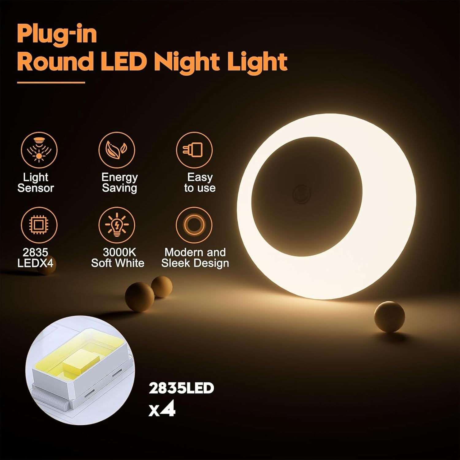 2 Pack LED Plug-In Night Light | Warm White Eye-Friendly Soft Light | Low Energy for Bedroom Kitchen Stairs Kids' Room image number 6