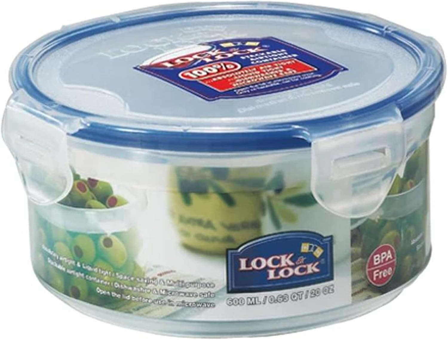 Locknlock round Tall Food Container, 700 Ml | Airtight | Leak-Proof | Patented Four-Hinge Locking System | Keeps Food Fresh | Ideal for Fridge & On-The-Go | Heat & Stain Resistant - Clear/Blue image number 2