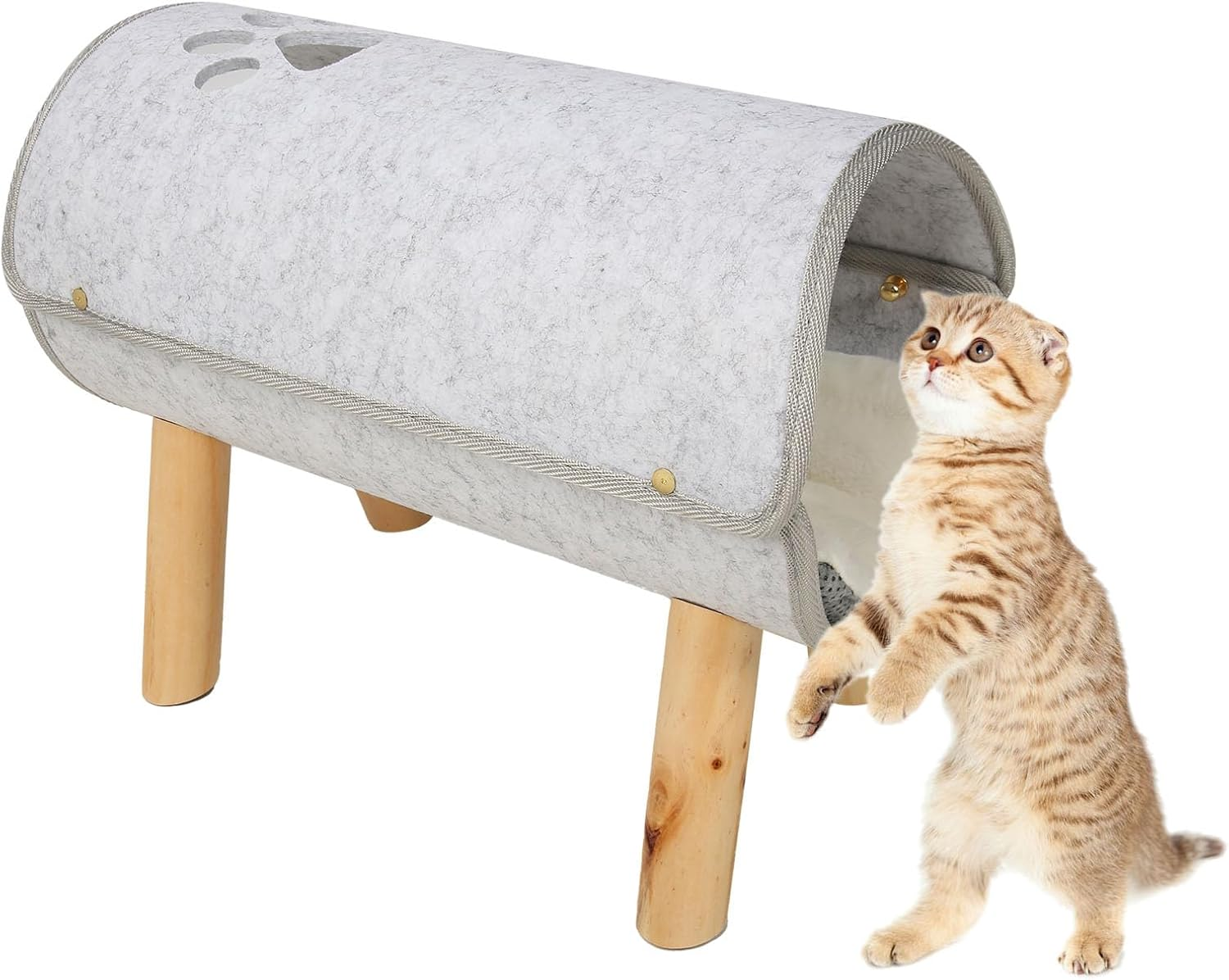 Cat Tunnel Bed, Pet Felt Tunnel Bed, Nonslip Design, Soft Comfortable, with Wooden Legs, with Plush Cushion for All Seasons, for Small Dogs Cats, 6.9X14.2X9.8In image number 3