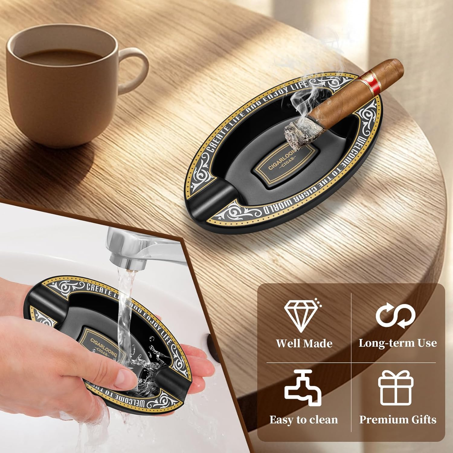 Outdoor Cigar Ashtray, Resin Ashtray, Portable Oval Cigar Ashtray with 2 Slot for Home, Patio, Travel Use(Black) - Gold image number 7