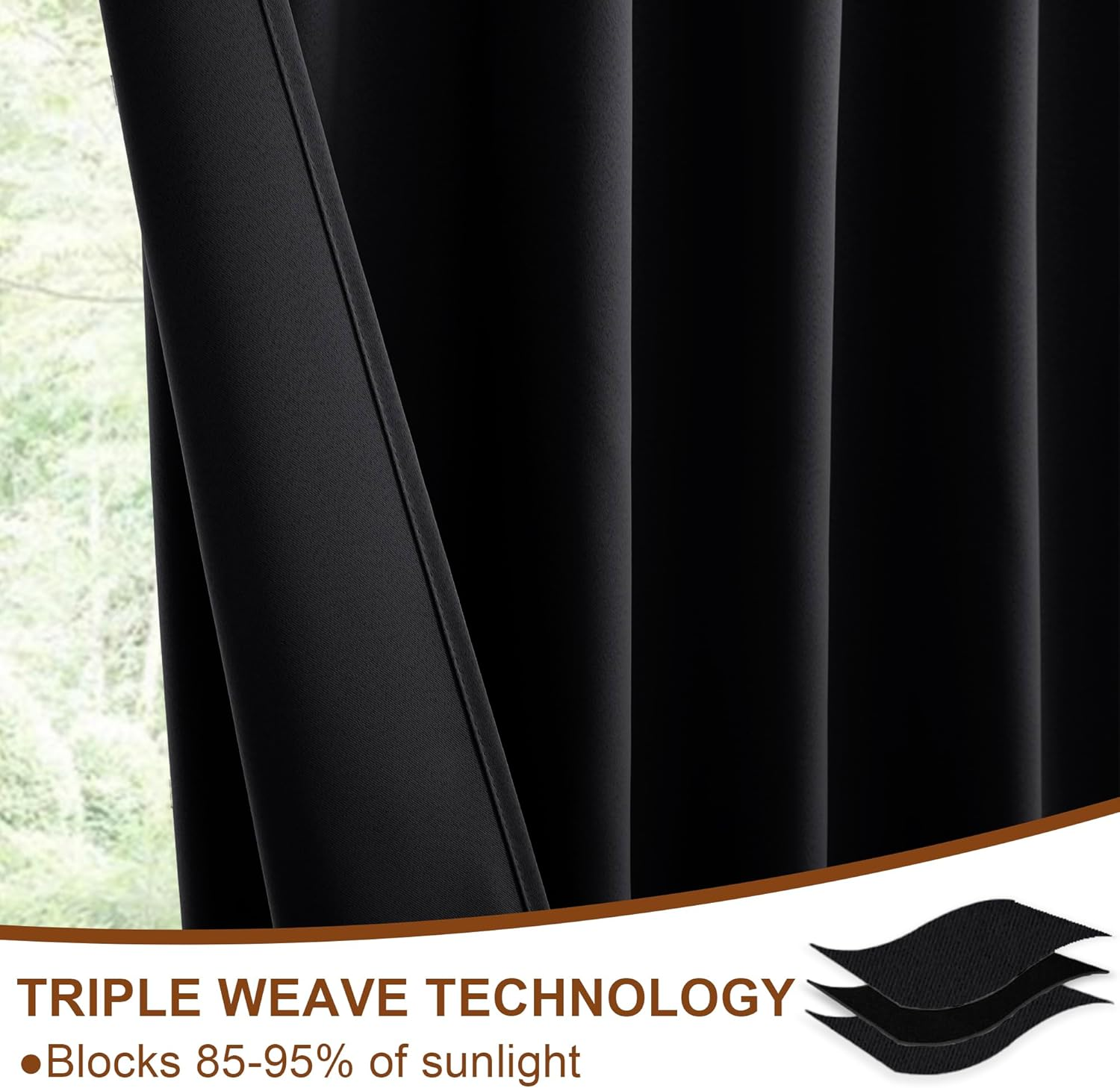 DWCN Blackout Curtains Back Tab and Rod Pocket Sewn with Tiebacks - Thermal Curtains Insulated Room Darkening for Bedroom,Each W132 Cm X D214Cm, Set of 2 Panels,Black image number 1