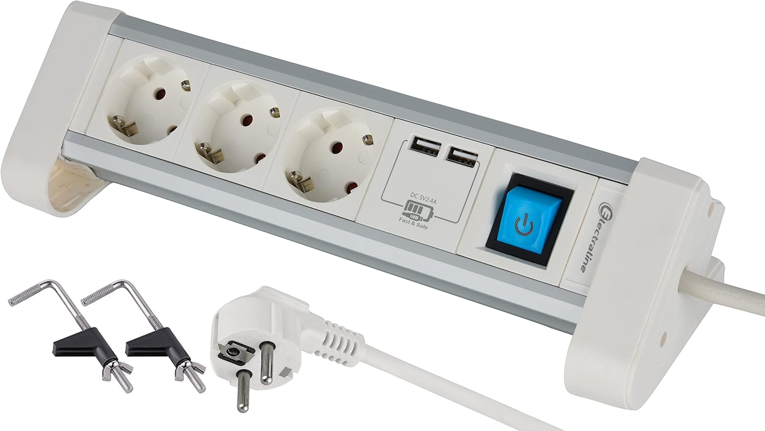 Electraline 62556 3-Way Aluminium Power Strip for Desk with 2 USB 65 W (1 Type C PD for Charging Computers + 1 USB 3A) Cable 2 M/Table Socket Power Strip/Multi-Purpose Desk