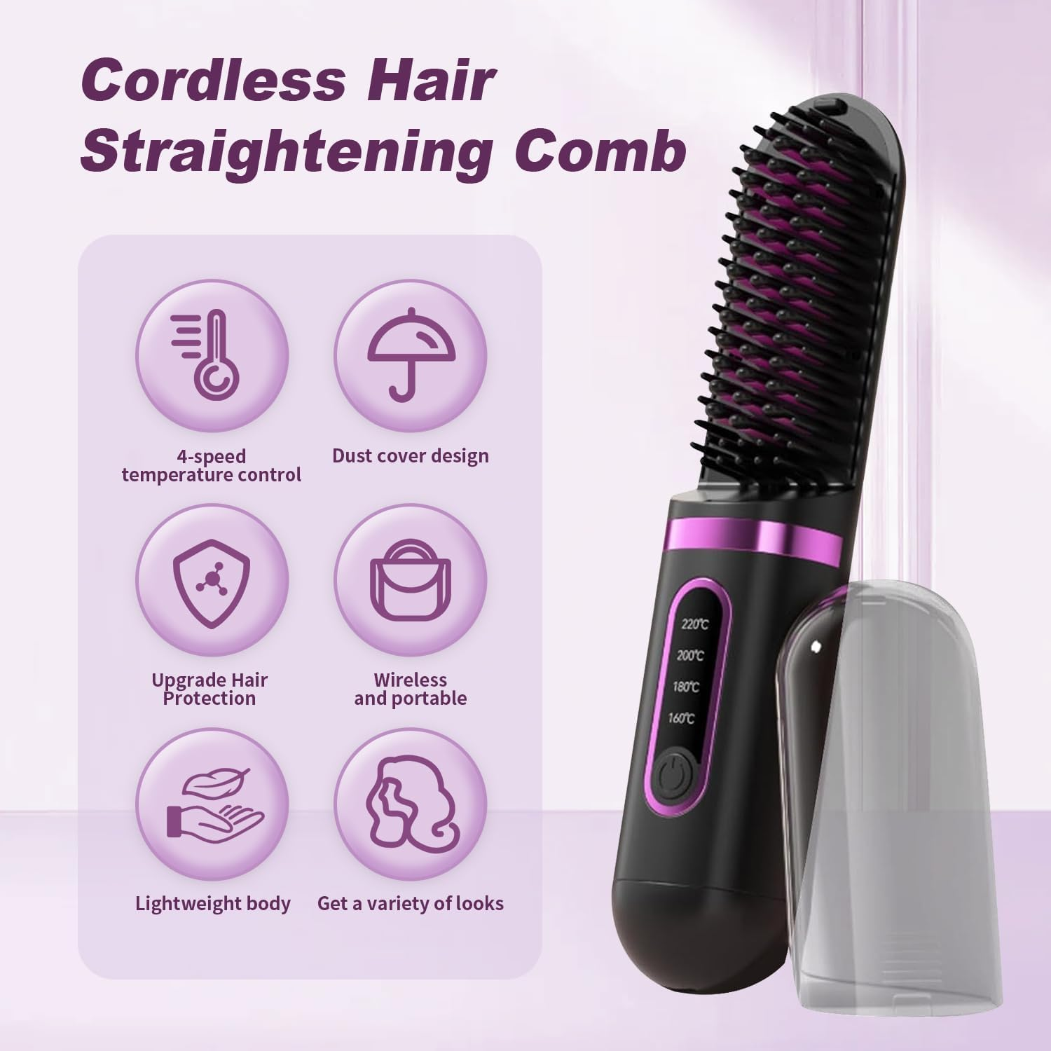 Cordless Hair Straightener Brush & Travel Hair Brush, 4-Temp LCD Display, Anti-Scald, Long-Lasting Mini Beard Straightener, Hot Comb Styling Tools with Dust-Proof Cover, Comb & Clip