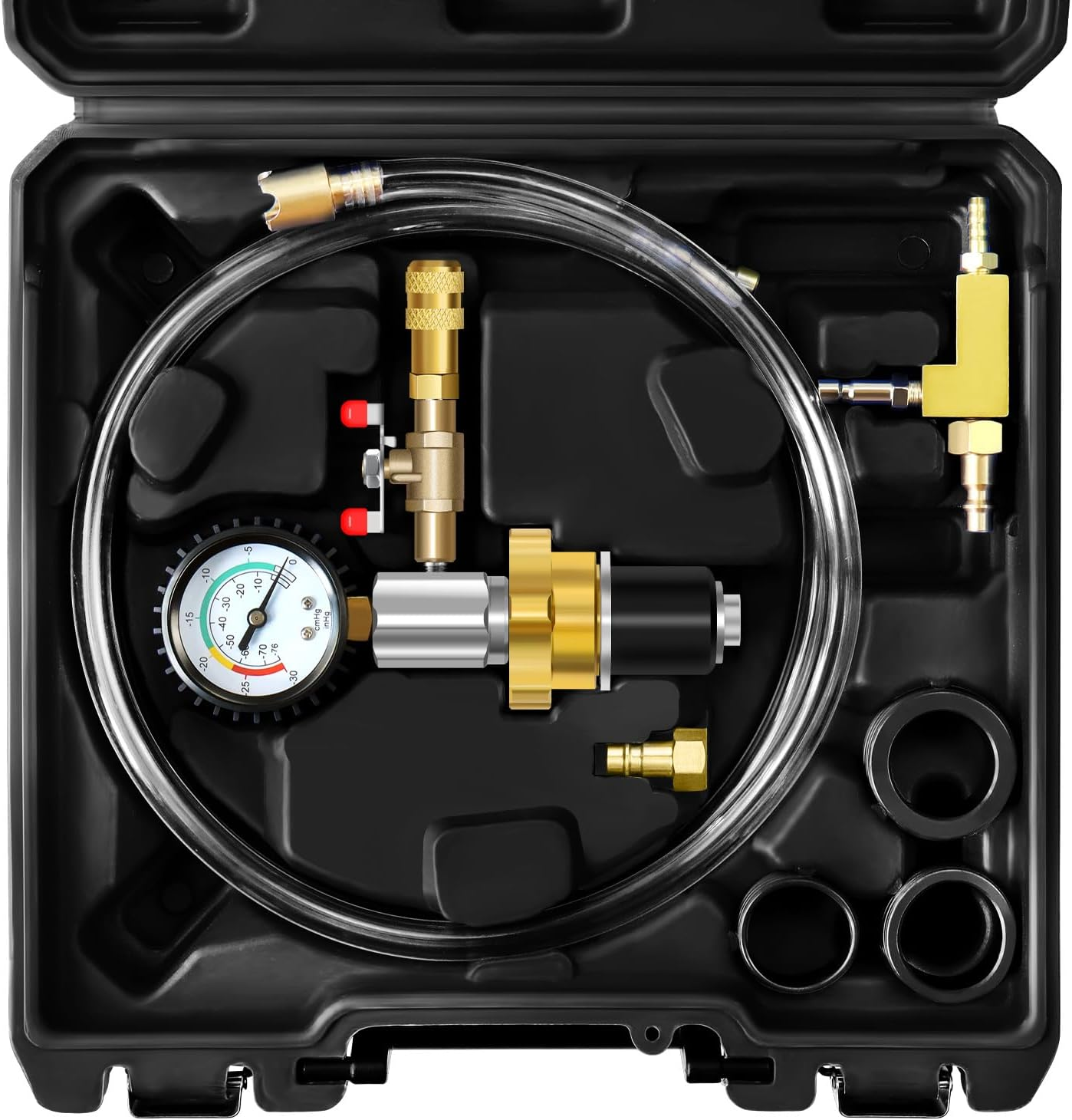 JIFETOR Cooling System Vacuum Purge Radiator Coolant Refill Tool Kit, Automotive Water Tank Pneumatic Vacuum Antifreeze Change Filler Set, with 4 Sizes Adapter Case Hose for Car Van SUV Truck