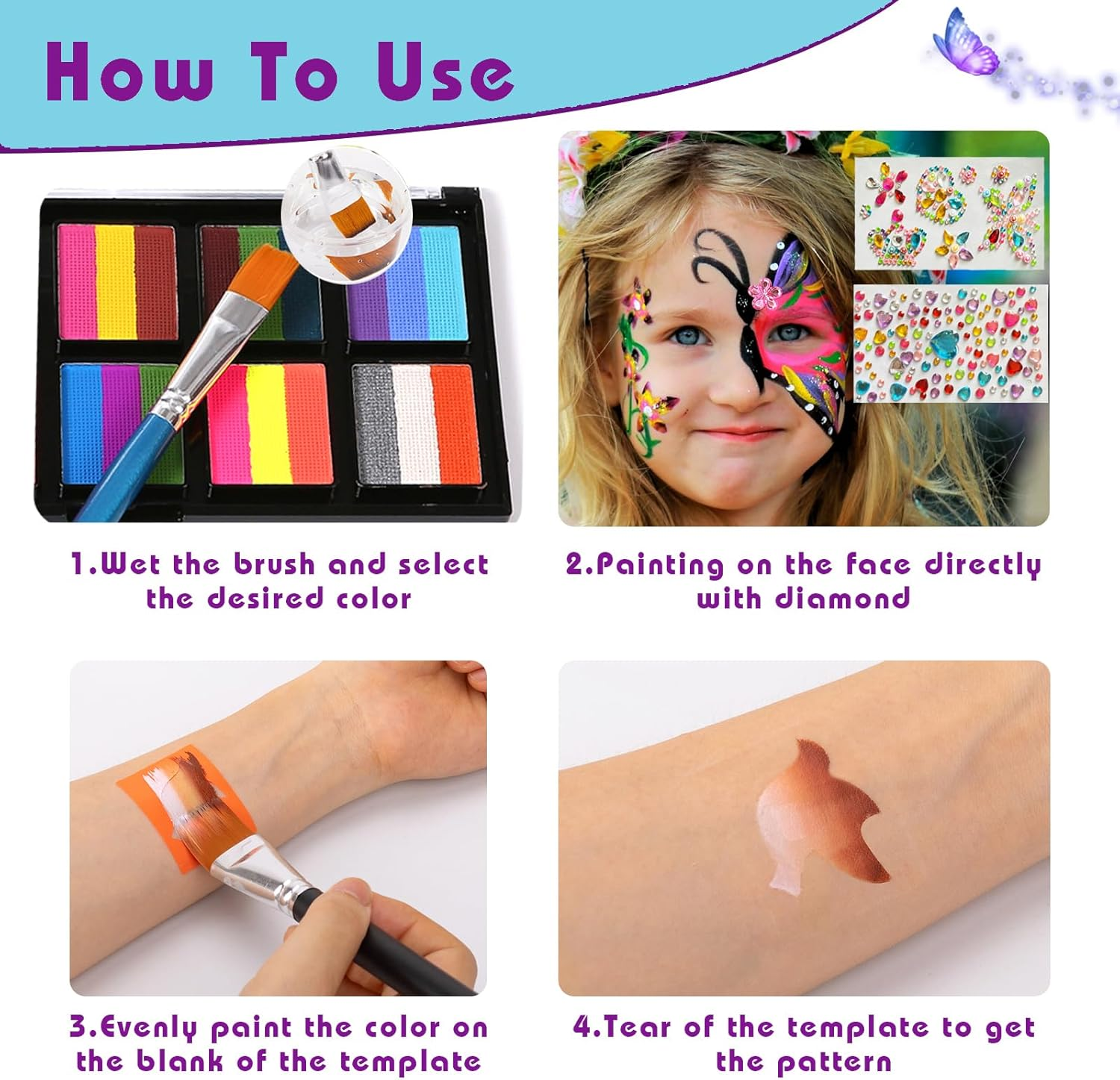 Professional Face Painting Kit with Stencils - 10 Split Cake Face Paint Palettes, Rainbow Non-Toxic Water-Activated Facepaint Makeup Kit for Kids, Adults, Parties, Halloween, Christmas