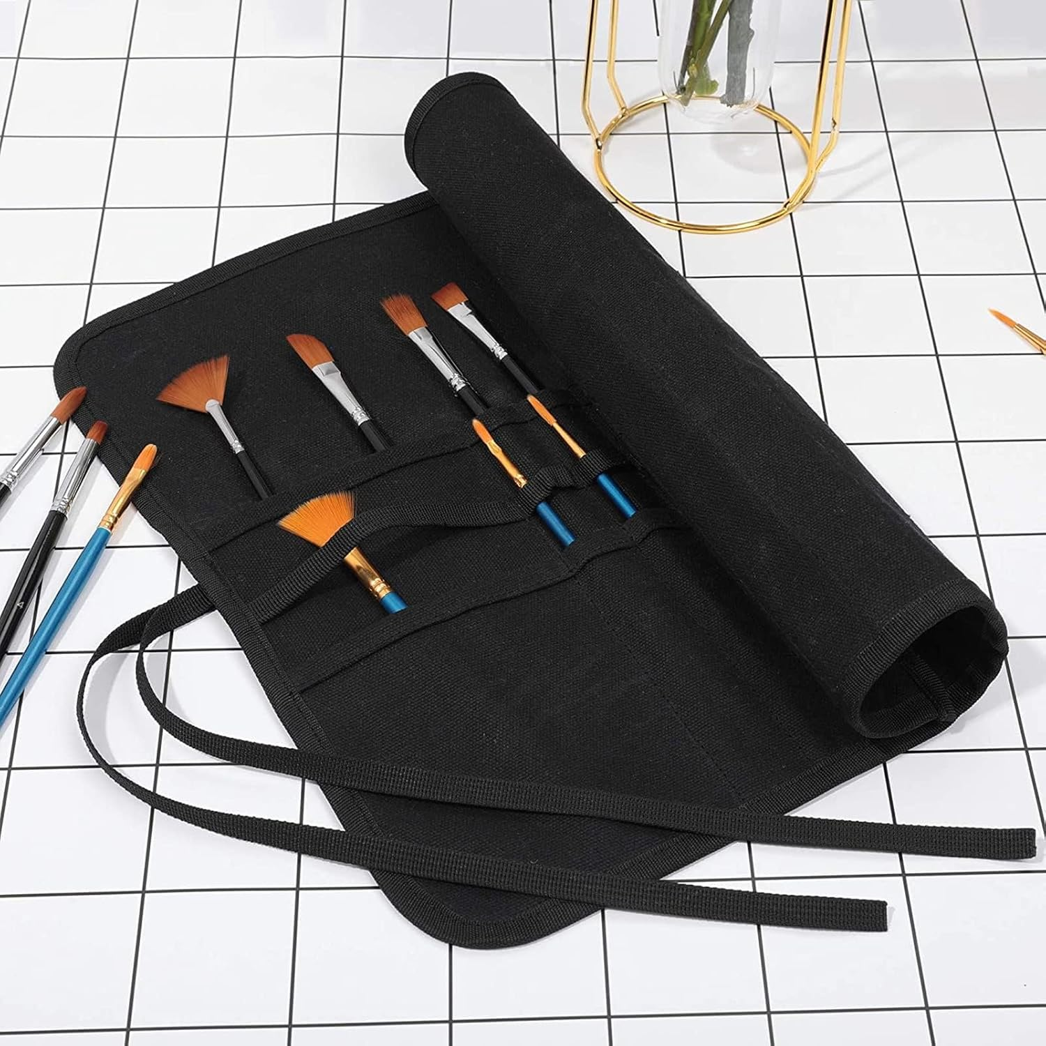 Paint Brush Roll Canvas Pouch, 30 Slots Holder Roll up Bag, Artist Acrylic Oil Watercolour Case, Student Draw Pen Gouache Watercolor Oil Storage (Black) image number 6