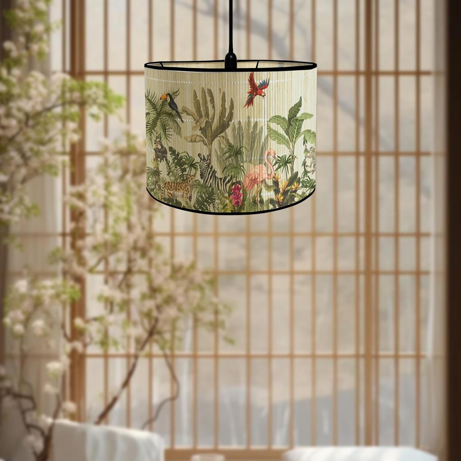 MFMEXUL Bamboo Lampshades, Drum Lampshade, E27 Removable Rod, Japanese Lampshade for Floor Lamps, Desk Lamps, Birds, as Described - Flower Birds image number 6