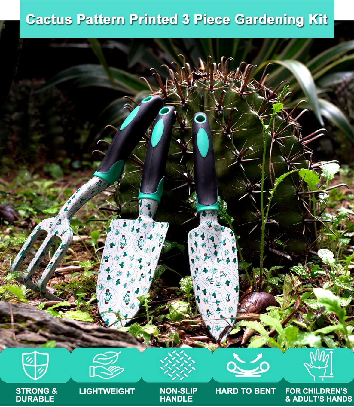 ESOW Garden Tool Set with Non-Slip Rubber Handle, 3 Piece Cast-Aluminum Heavy Duty Gardening Kit Includes Hand Trowel, Transplant Trowel and Cultivator Hand Rake, Cactus Pattern Printed image number 1