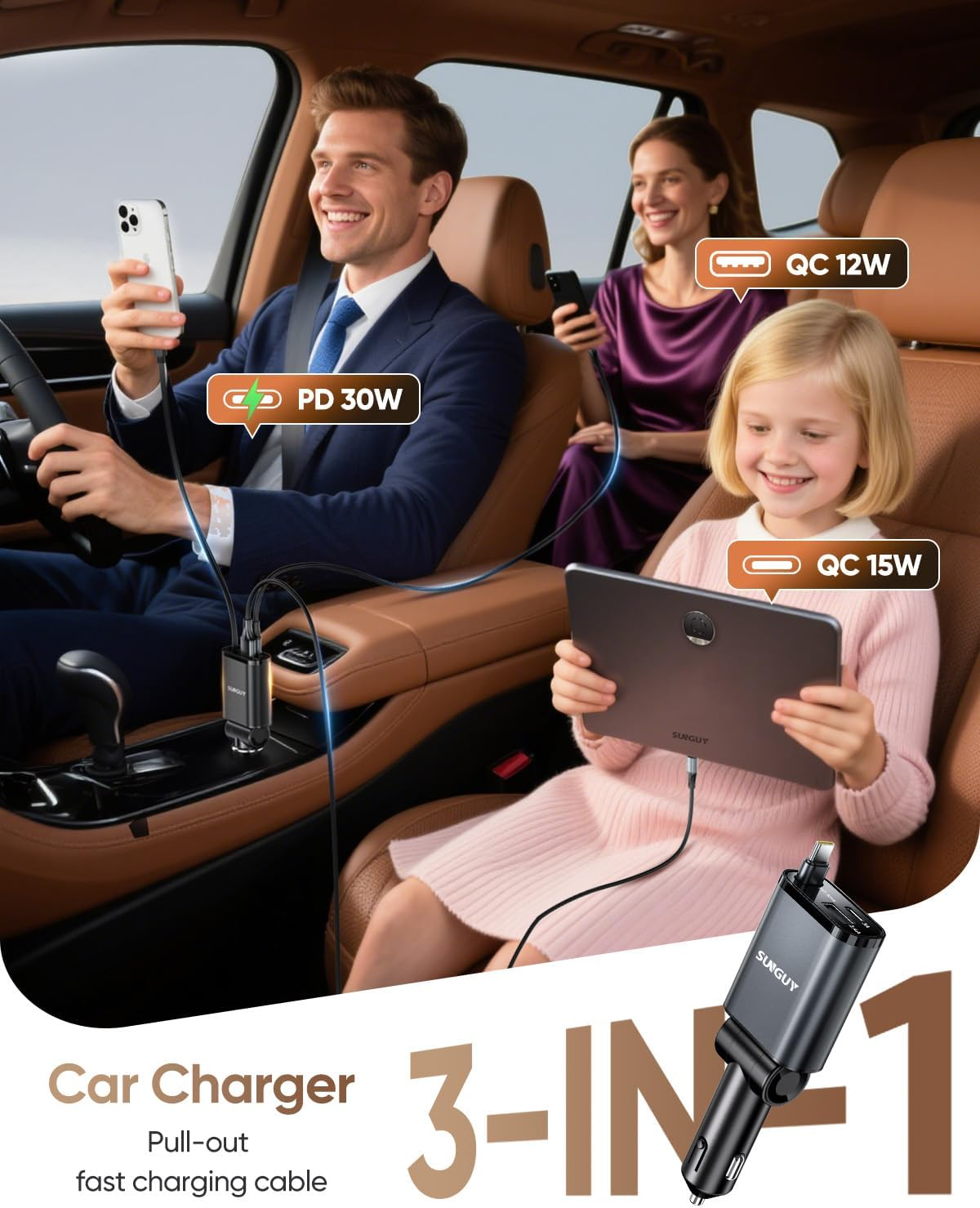 SUNGUY 3-In-1 Car Charger, Ultra-Compact Retractable, Fast Charging, 12/24V Cars, Charge 3 Devices Simultaneously, 80Cm Type-C Cable Compatible with I-Phone 16/15 Series, Ipad/Iwatch/Galaxy image number 2