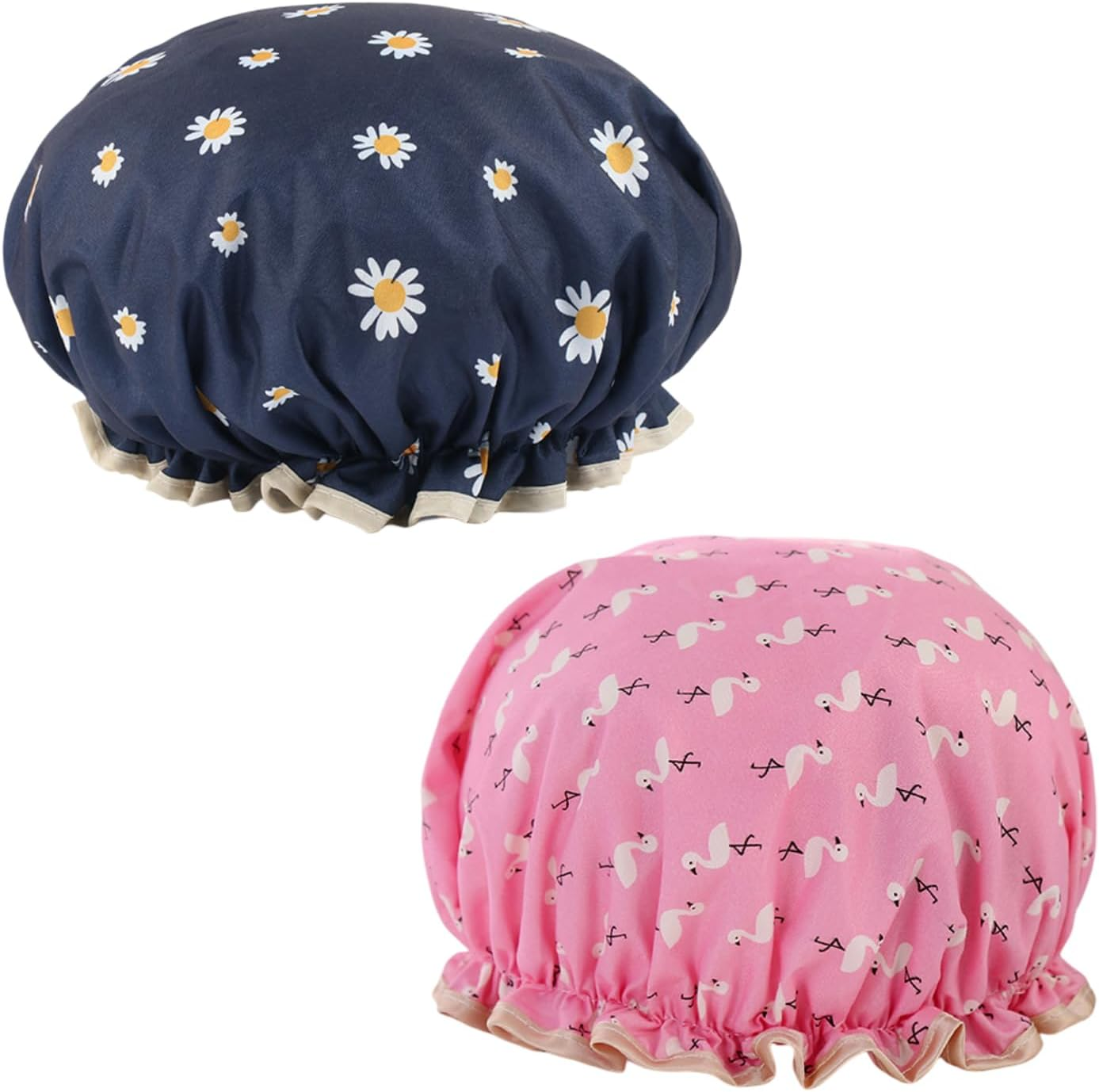 Vaolmlop Pack of 2 Shower Cap, Reusable Shower Caps for Women & Men,Waterproof with Elastic Band & Soft Lining,For Women Girls Ladies Spa Salon Home Use image number 3