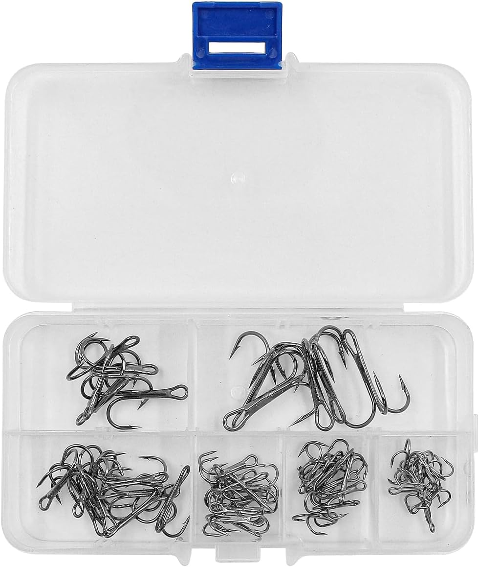 50Pcs NUZAMAS Fishing Treble Hooks Kit 3 Way Claw Fishing Hook High Carbon Steel Fishing Hook with Tackle Box for Trout Catfish Saltwater Freshwater Size 2 4 6 8 10 12 image number 1