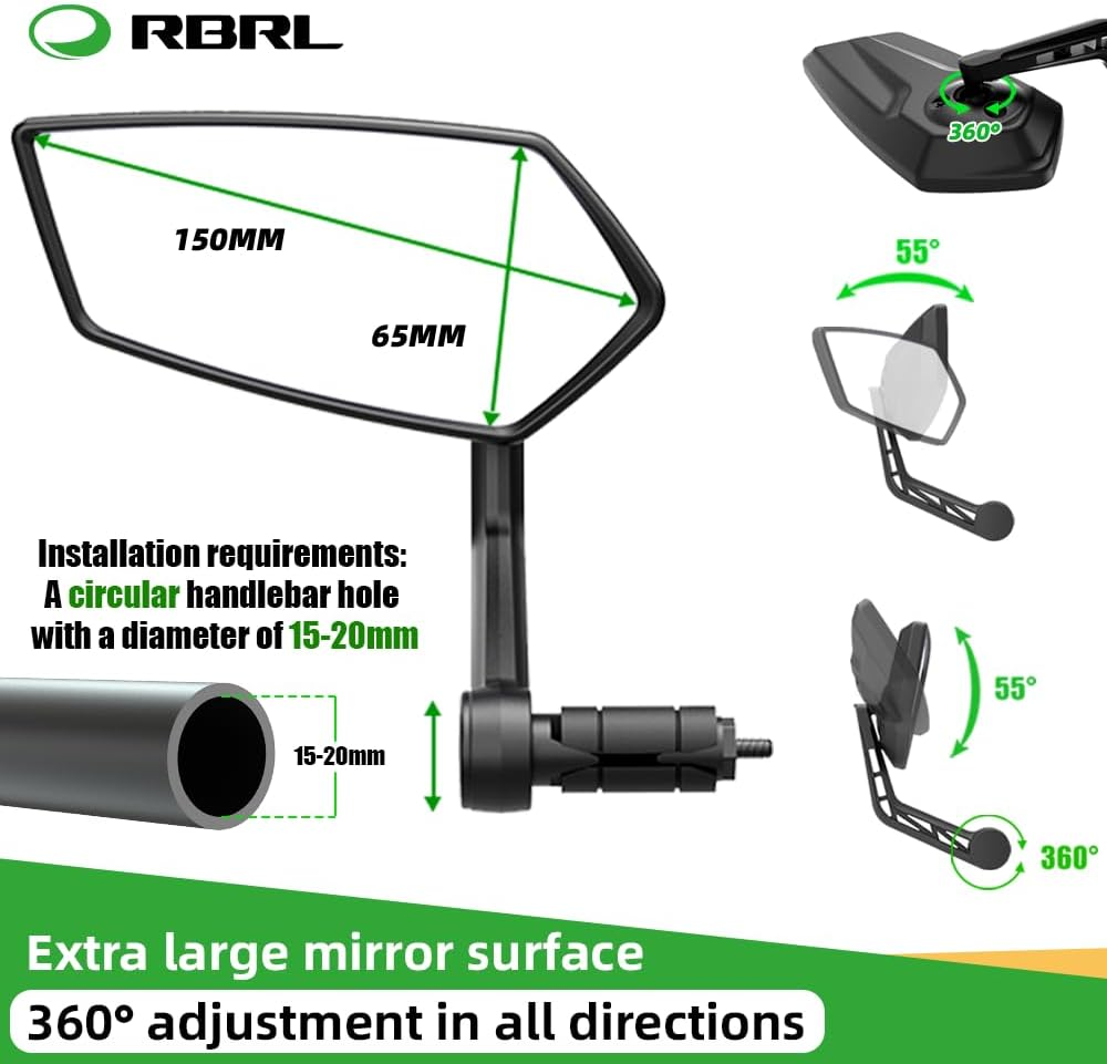RBRL Bike Mirror Rotatable HD Safety Convex Bar End Mirror, Scratch Resistant Wide Angle Bicycle Shatterproof Side Mirrors, Mirrors for Electric Bikes Universal (Right) (RM12E-1) - Right image number 4