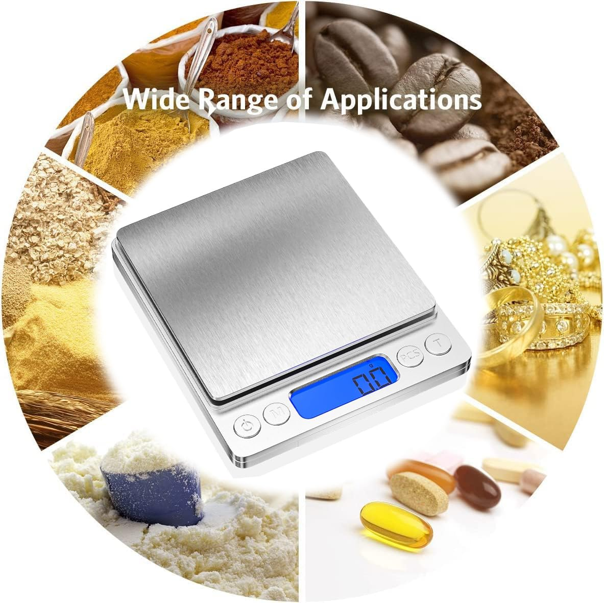 Small Digital Scale for Cooking and Baking,3Kg/0.1G,Kitchen Scale,Food Scale,With Blue Backlit LCD Display, 6 Units, Auto Off, Tare, PCS Function, Stainless Steel image number 1