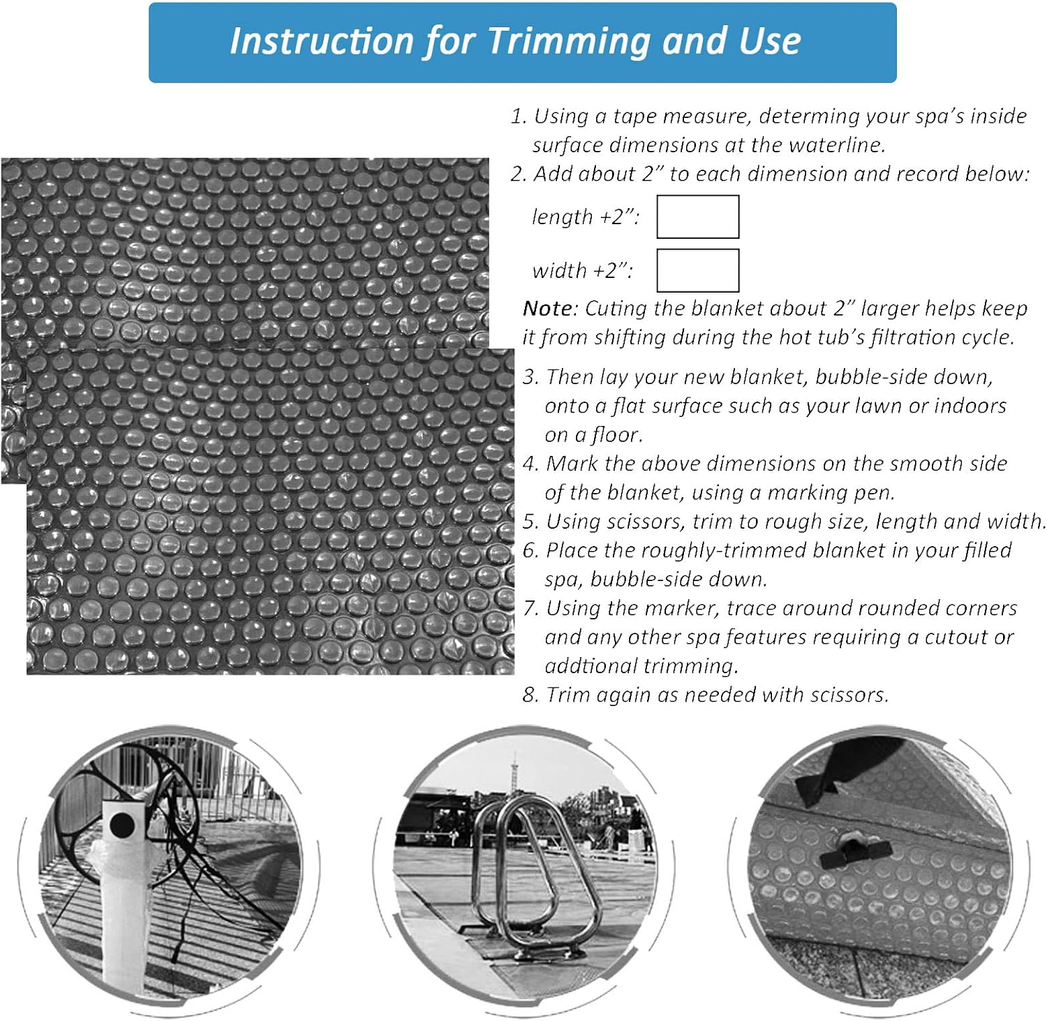 Hot Tub Bubble Blanket - 7 X 7 FT 16-Mil Square Pool Spa Solar Cover | Heavy Duty Floating Heat Retaining Thermal Blanket for Insulating Solar Heating （Gray