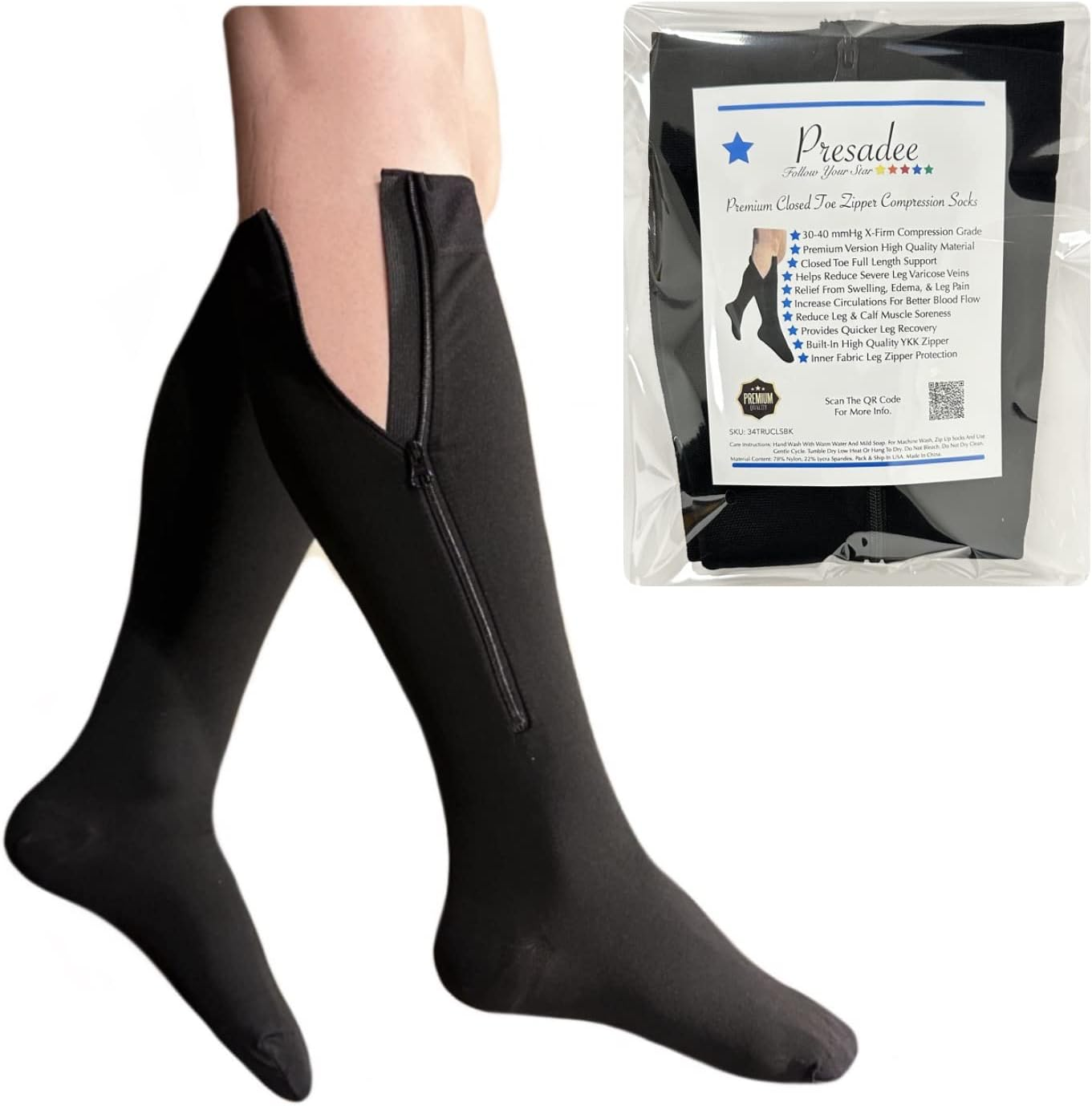 Presadee Closed Toe 30-40 Mmhg Extra Firm Zipper Compression Leg Swelling Socks