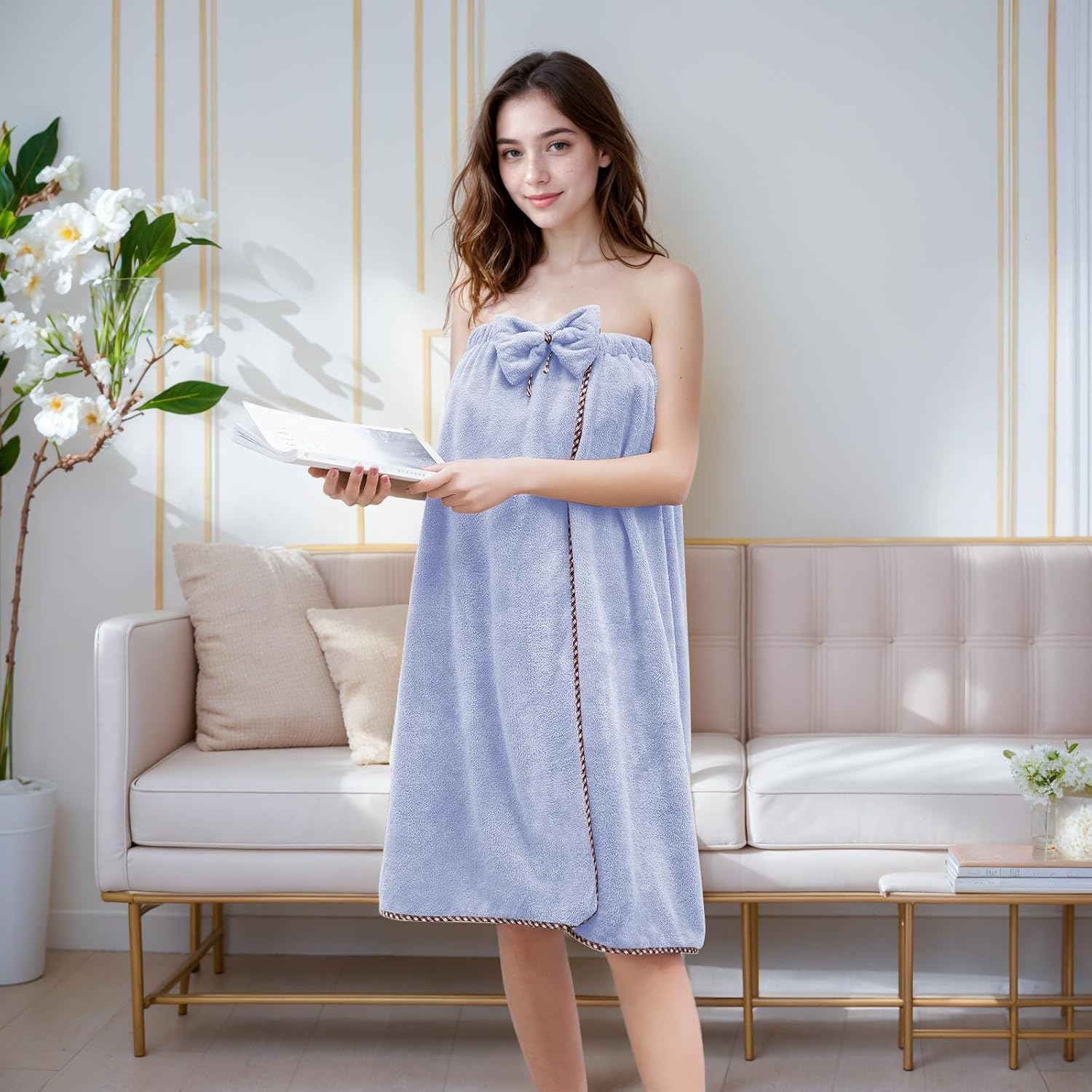 GOSCHE Bath Wrap for Women, Adjustable Shower Wrap Towel with Home Hotel Bath Towel Nightgown for Sauna Beach Pool Gym Travel - Blue XL image number 5