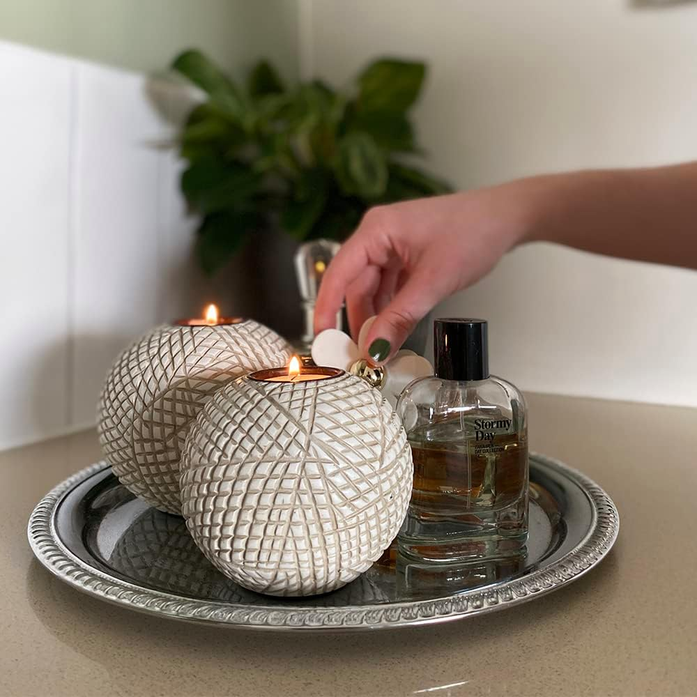 Huey House Luca Orb Candle Holders (Gift Boxed Set of 2), Table Centerpieces for Dining or Living Room, Spa, Bathroom, Kitchen Counter, Mantle or Coffee Table Decor (Grid Pattern) Beige and White image number 1