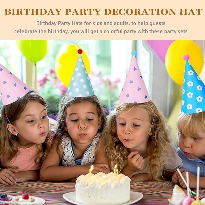 12 Pcs Party Hats Birthday Cone Hats DIY Party Hat with Pom Poms,Lovely Birthday Cake Cone Paper Hats Headbands Decoration DIY Activity Kit image number 4