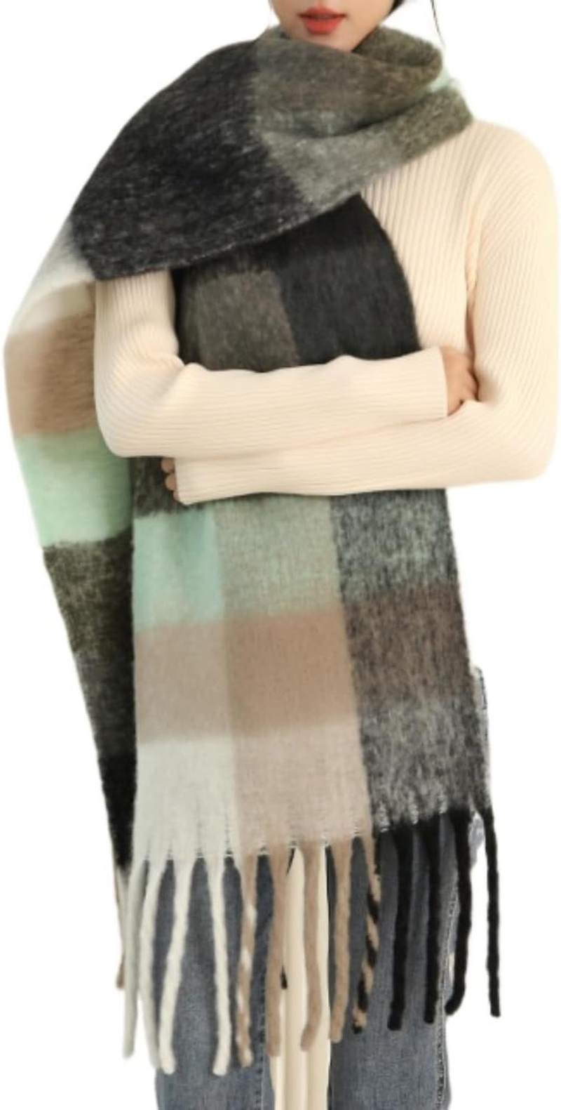 Chunky Winter Scarfs for Women Cold Weather Warm Knit Thick Plaid Scarf Long Large Oversized Checked Scarves