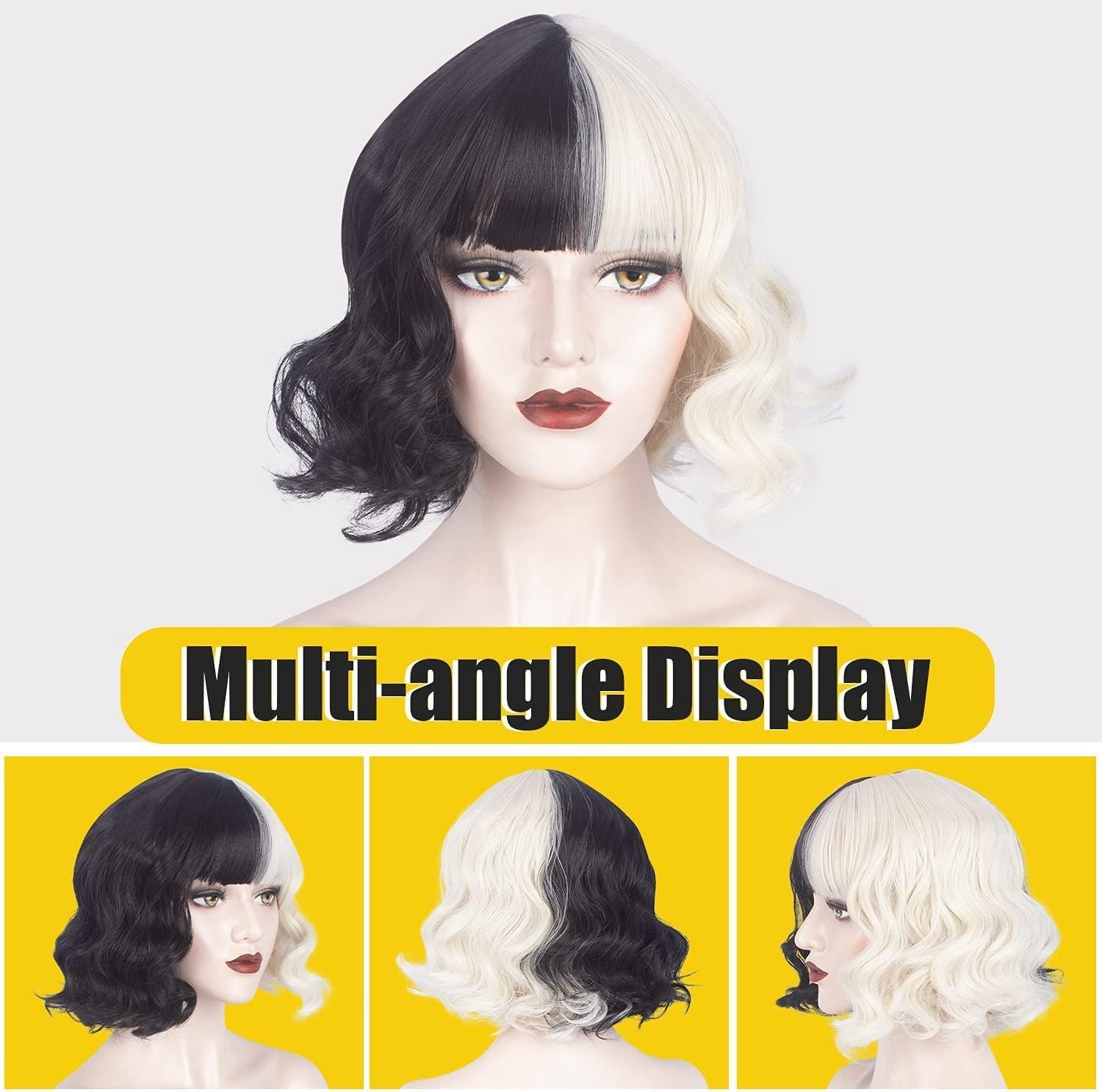 Short Black and White Wig Wavy Half Black and Half White Heat Resistant Women Wig Hair Wig for Daily Costume Cosplay Halloween Party image number 6