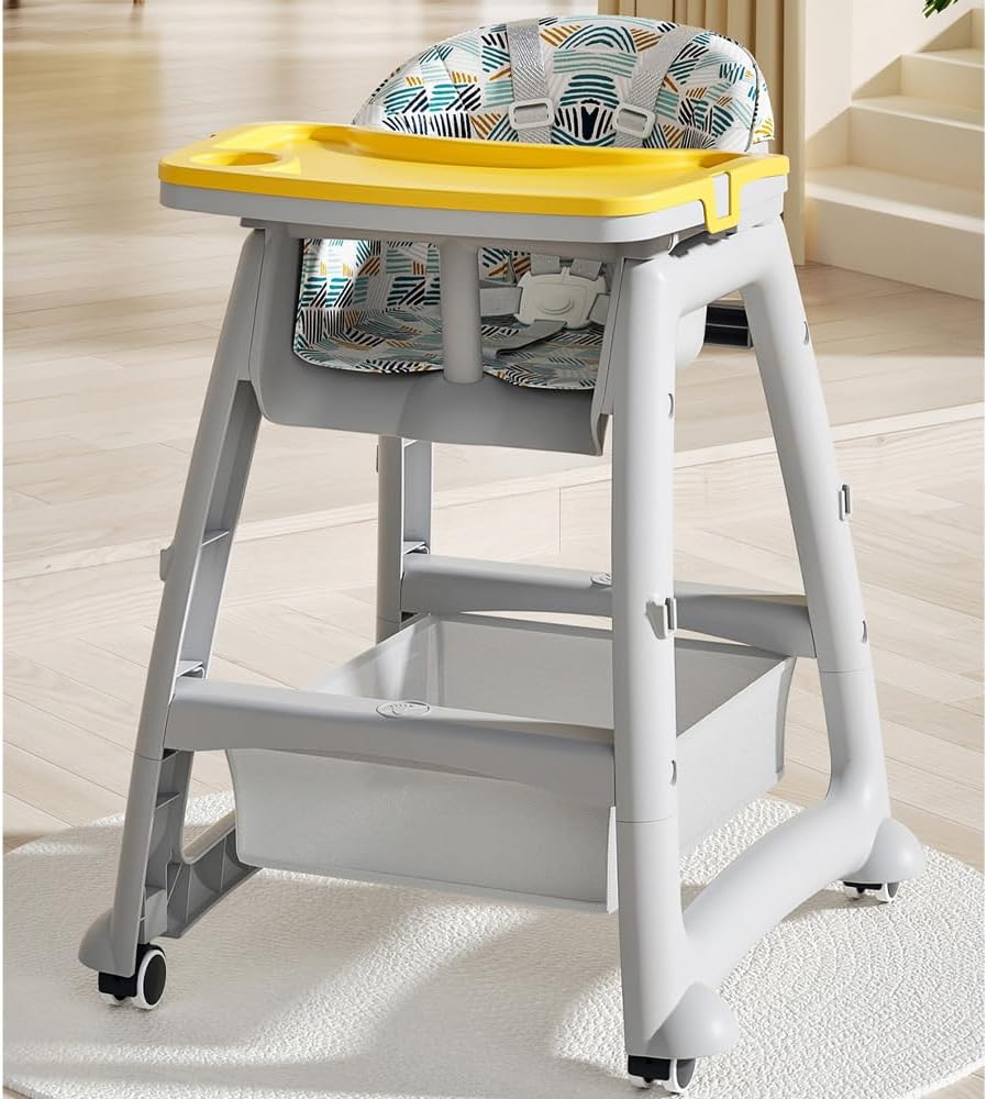 MTSDM New Multifunctional High Chair, Convertible Dining Chair with 4 Wheels, Double Dinner Plate, Storage Bag, Removable Cushion & 5 Point Harness Portable Baby Feeding Dining Chair(Grey) image number 5