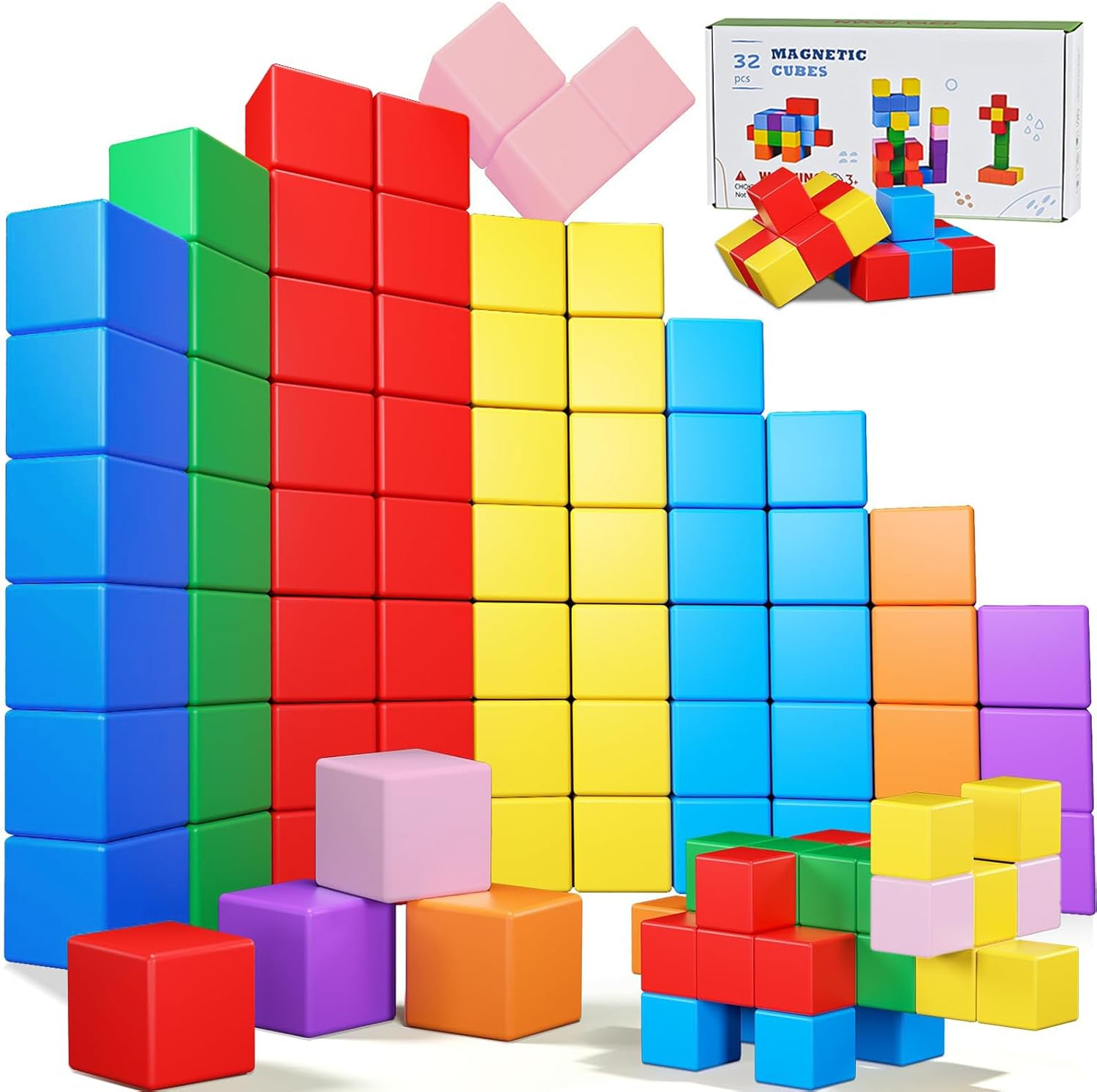 MAKTOR Magnetic Building Blocks Large, 1.3 Inch Magnetic Stacking Cubes for Toddlers, Preschool Educational Construction Kit, Sensory Montessori Toys Blocks for Kids (32PCS) image number 6