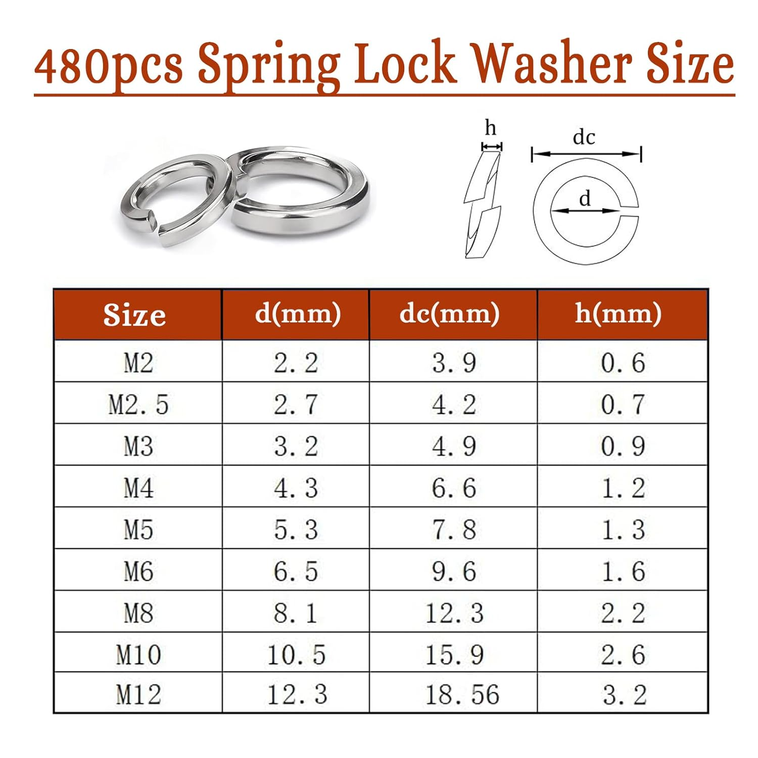 Ymaiss 480Pcs 304 Stainless Steel Spring Lock Washers Assortment Kit, 9 Sae&Metric Sizes Split Lock Washers Sets for Screws and Bolts M2 M2.5 M3 M4 M5 M6 M8 M10 M12 image number 4