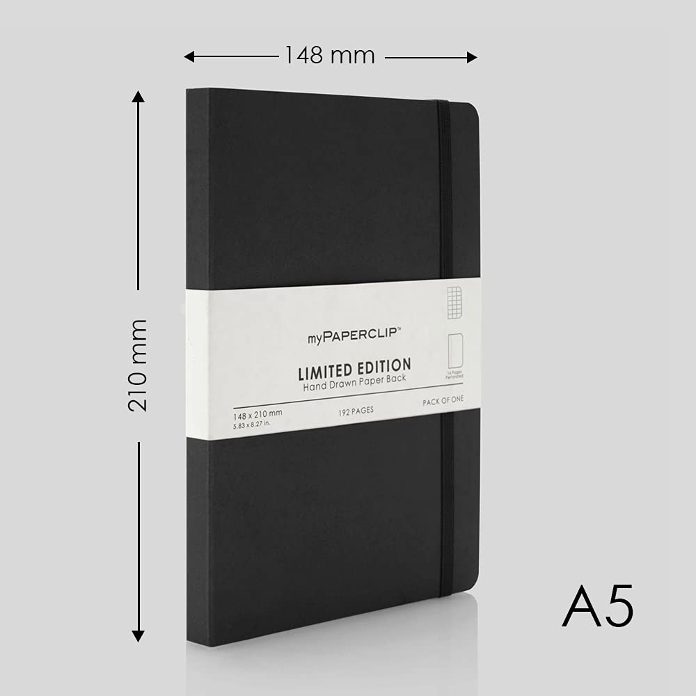 Mypaperclip Limited Edition A5 Checks/Squared Notebook | 190 Pages, 100 GSM, Soft Cover | Flat Lay Design | Bookmark, Elastic Closure & Back Pocket | Office Use, School, Journaling Diary (Black) image number 1