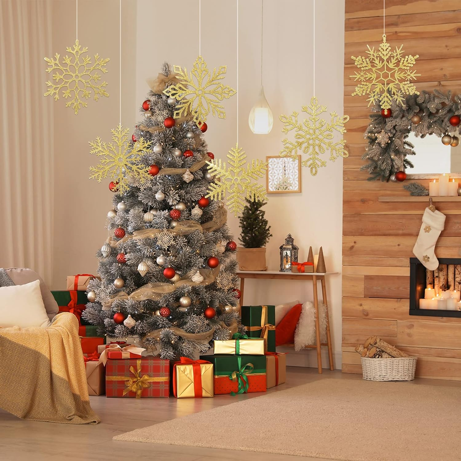 Sratte 12 Pack Large Glitter Snowflakes Ornaments 12" Plastic Giant Winter Christmas Hanging Decor Oversized Snowflakes Ornaments for Indoor Outdoor (Gold) - Gold image number 5