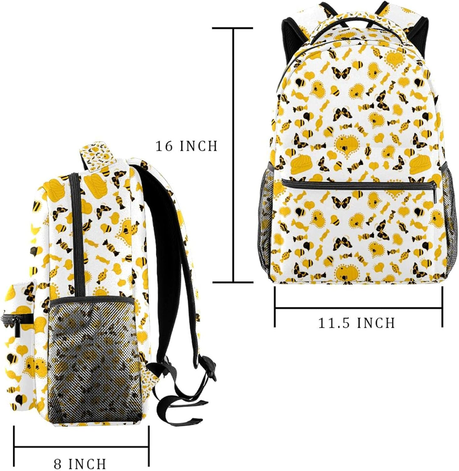 Nice Bee Butterfly Hearts Love on White, Yellow Colors Backpack Students Shoulder Bags Travel Bag College School Tote Backpacks image number 4