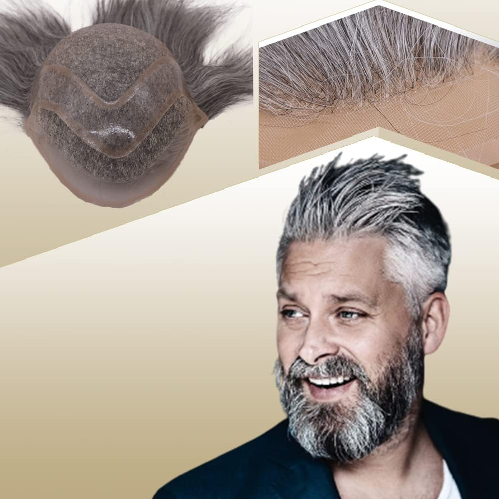 Lishy Toupee for Men Hair Pieces 100% European Virgin Human Hair Replacement System 10" X 8" Mono Lace with PU around and Swiss Lace Front Toupee Men Hair Piece 1B Mixed 60% Grey Hair