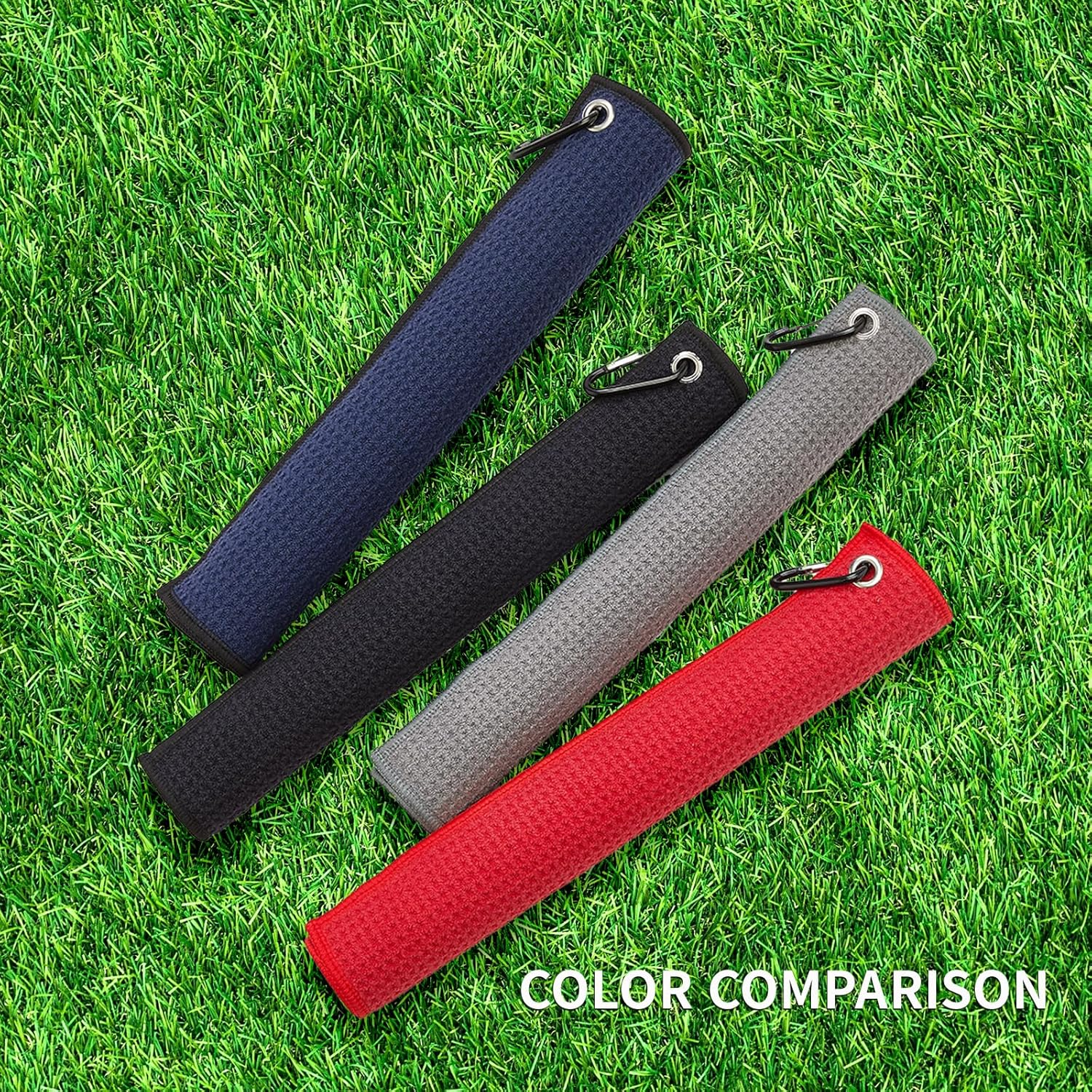 4 Pack Golf Towels, 11.8" X 11.8" Microfiber Golf Towel with Carabiner Clip, Waffle Pattern Golf Towels with Hook and Loop Fastener for Golf Bag, Golf Cleaning Towel Black/Grey/Red/Navy Blue image number 5