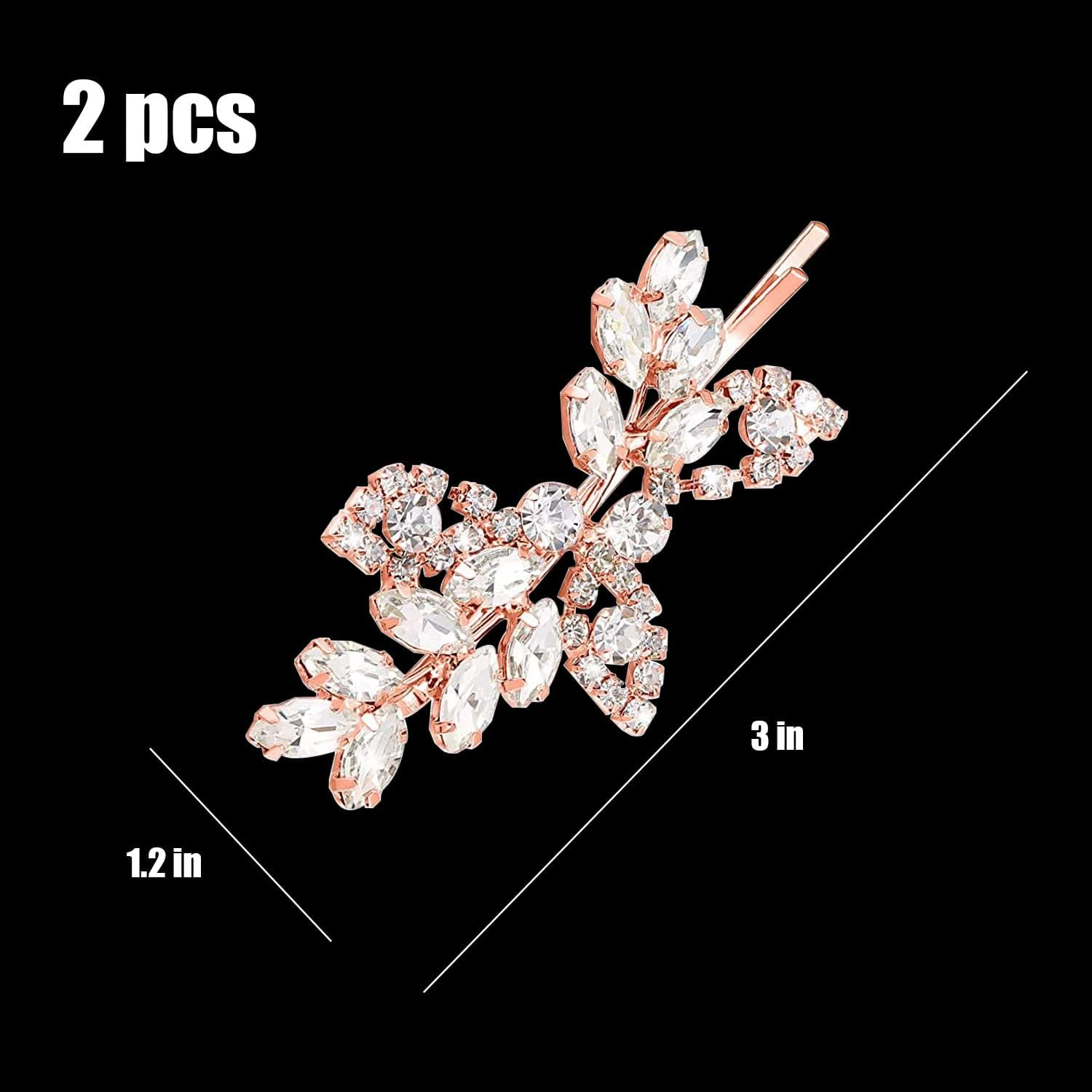 2 Pieces Rhinestone Bridal Hair Clips Leaf Bridal Wedding Hair Pins Crystal Hair Clips Silver Rhinestone Jewelry Barrette for Brides Bridesmaids Flower Girls (Rose Gold) image number 2