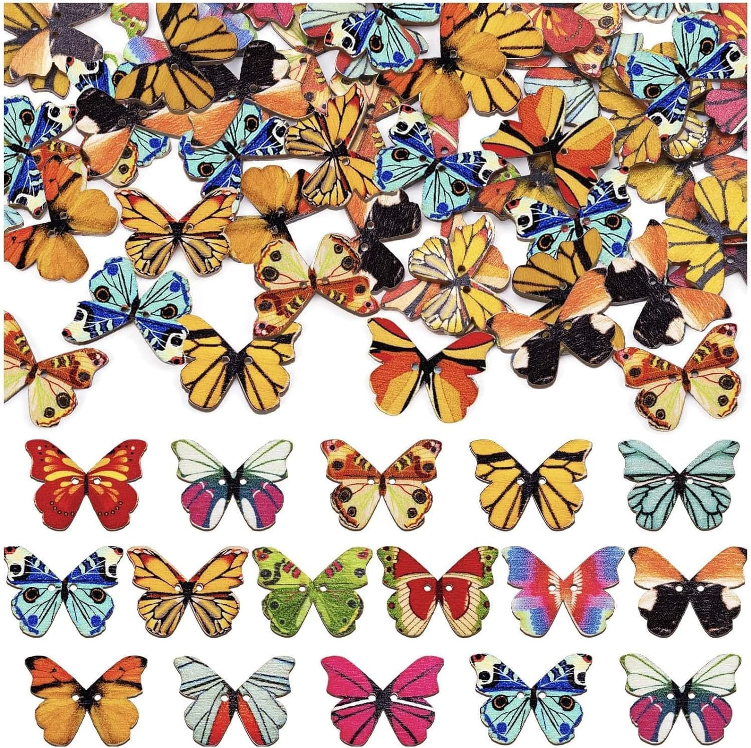 Wooden Butterfly Buttons for Crafts, 200Pcs DIY Vintage Wood Butterfly Cute Insect Buttons for Sewing 1 Inch Colorful 2 Holes Small Cartoon Decorative Buttons for Crafts Clothes Accessories