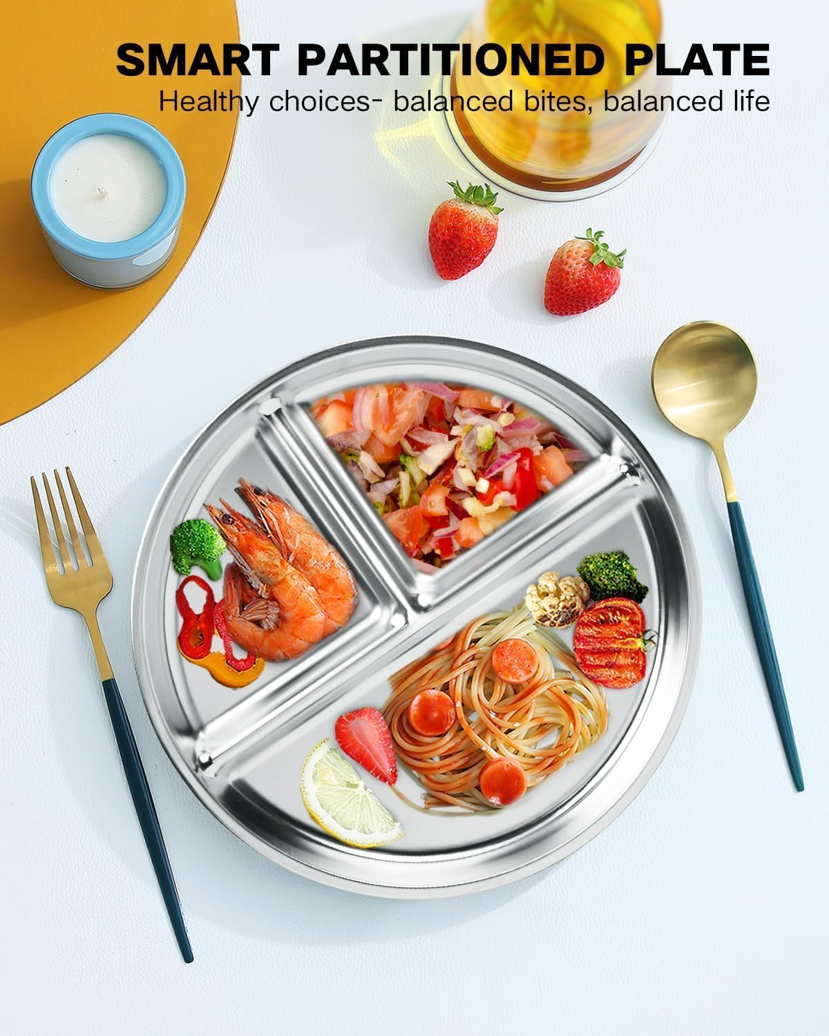 Stainless Steel Kids Plates 4 Packs, 9" Divided Toddlers Portion Control Plate, Unbreakable Dinner Plates, Divided Food Tray Stainless Steel Plate for Adults Kids, Camping, Lunch and Dinner image number 4