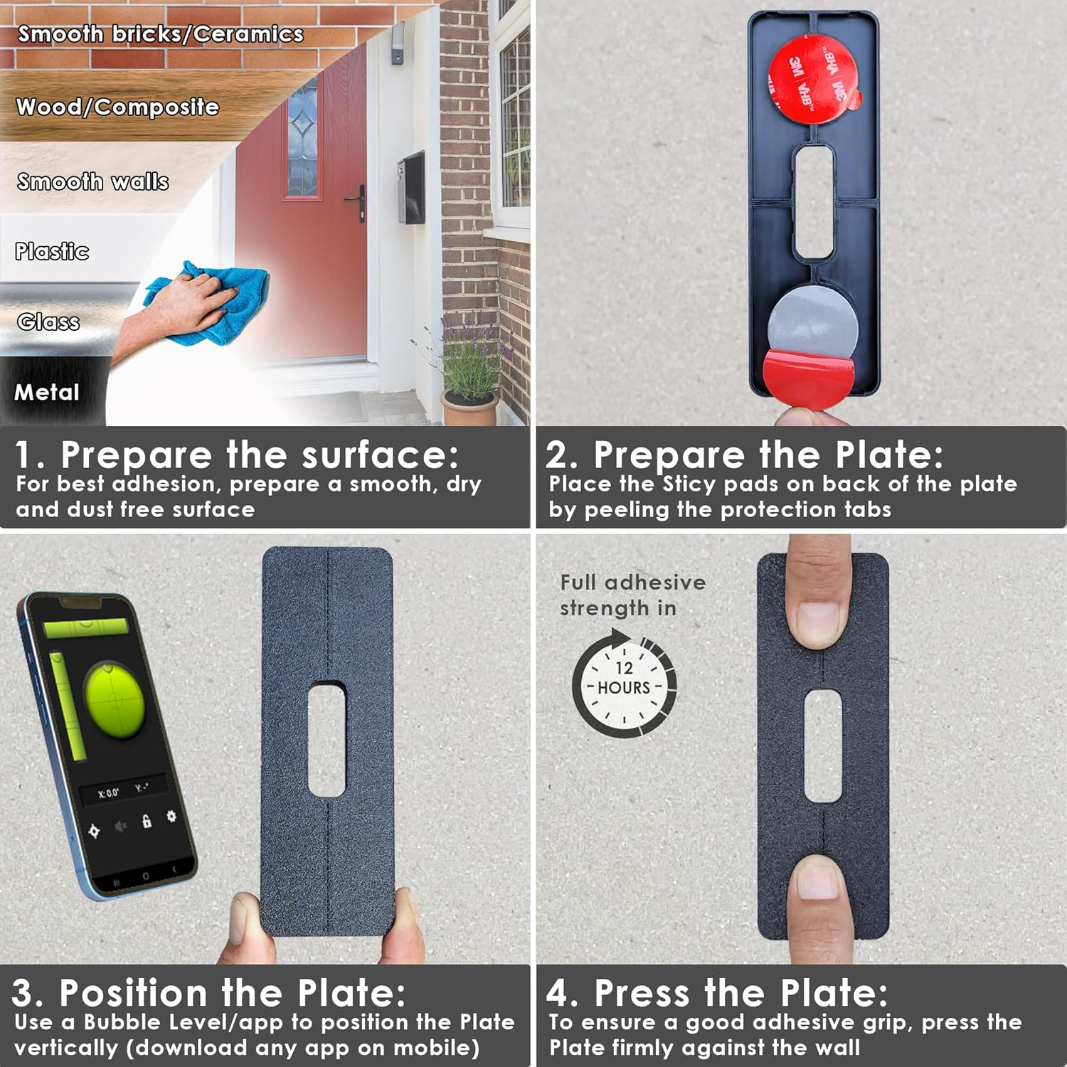 Slim Universal Self-Adhesive Bracket Compatible with Video Doorbell Aosu, Arlo, Blink, Eufy, Nest, Netamo, Reolink, Tapo, Wyze Video Doorbell Battery/Cable WLAN No Drilling, Easy Installation image number 3