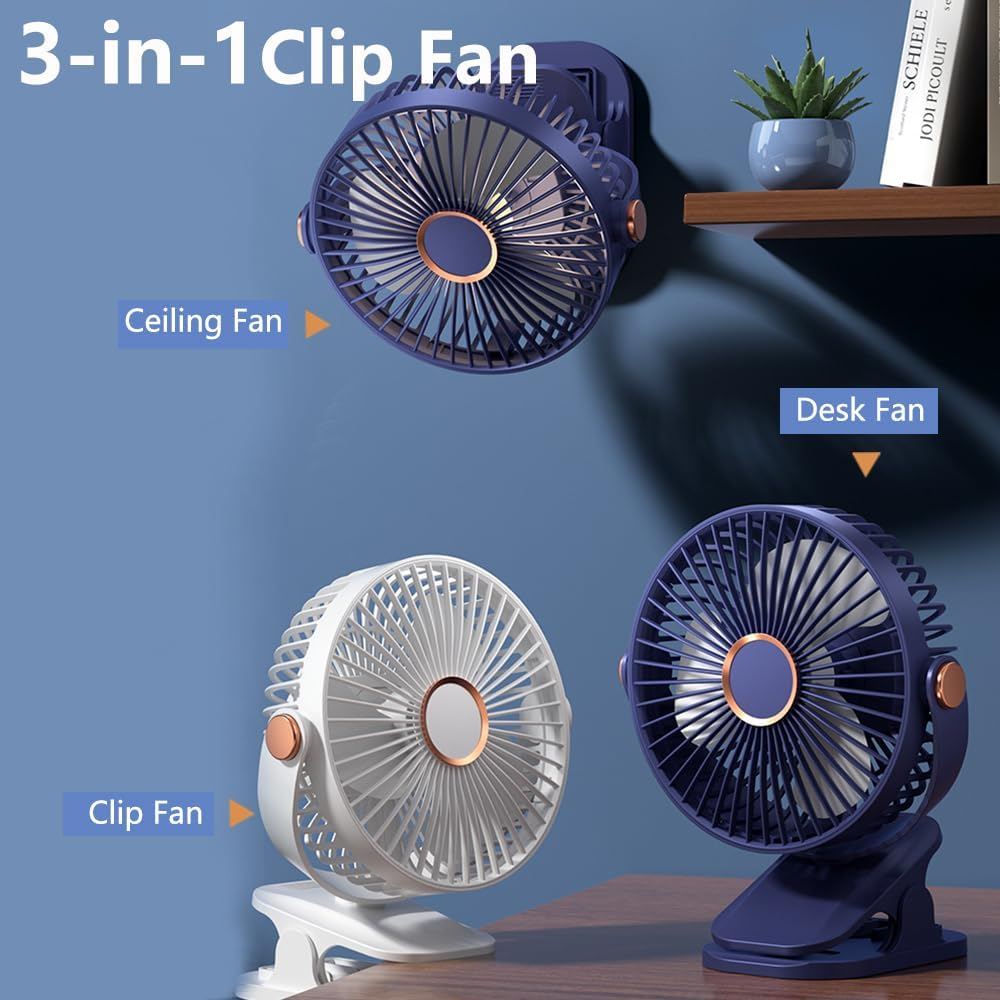 Vekol Portable Clip on Fan, Battery Operated Fan, Powerful USB Desk Fan with LED Light, 5 Speed Rechargeable Mini Table Fan, 360&deg; Rotate Personal Cooling Fan for Home Office Stroller Camping image number 1