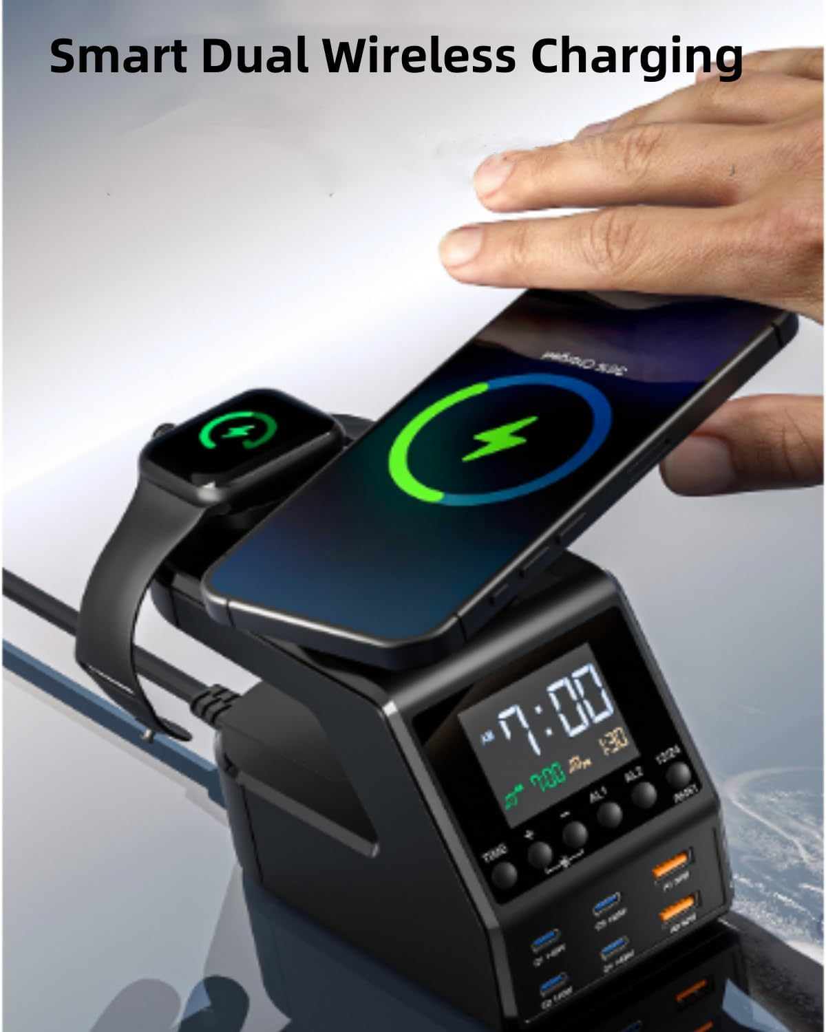 FOSION Multi USB C Charger Station 240W,10 In1 Gan Fast Charger with Digital Clock, 140W/100W/65W PD 3.1 QC 3.0 Fast Charging and 15W Wireless Charging for Macbook，Tablet, Iphone 15,Galaxy S24,Iwatch