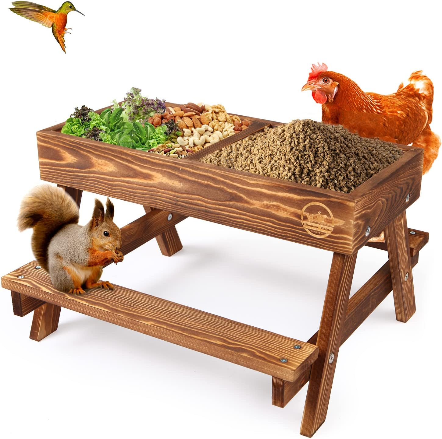 Chicken Table No Waste, Chicken Picnic Feeder Handmade Carbonized Wooden, Large DIY Chicken Feeder Kit, Wild Bird, Duck & Squirrel Feeders, Mesh Bottom Keep Food Fresh and Dry Easy to Clean and Fill image number 2