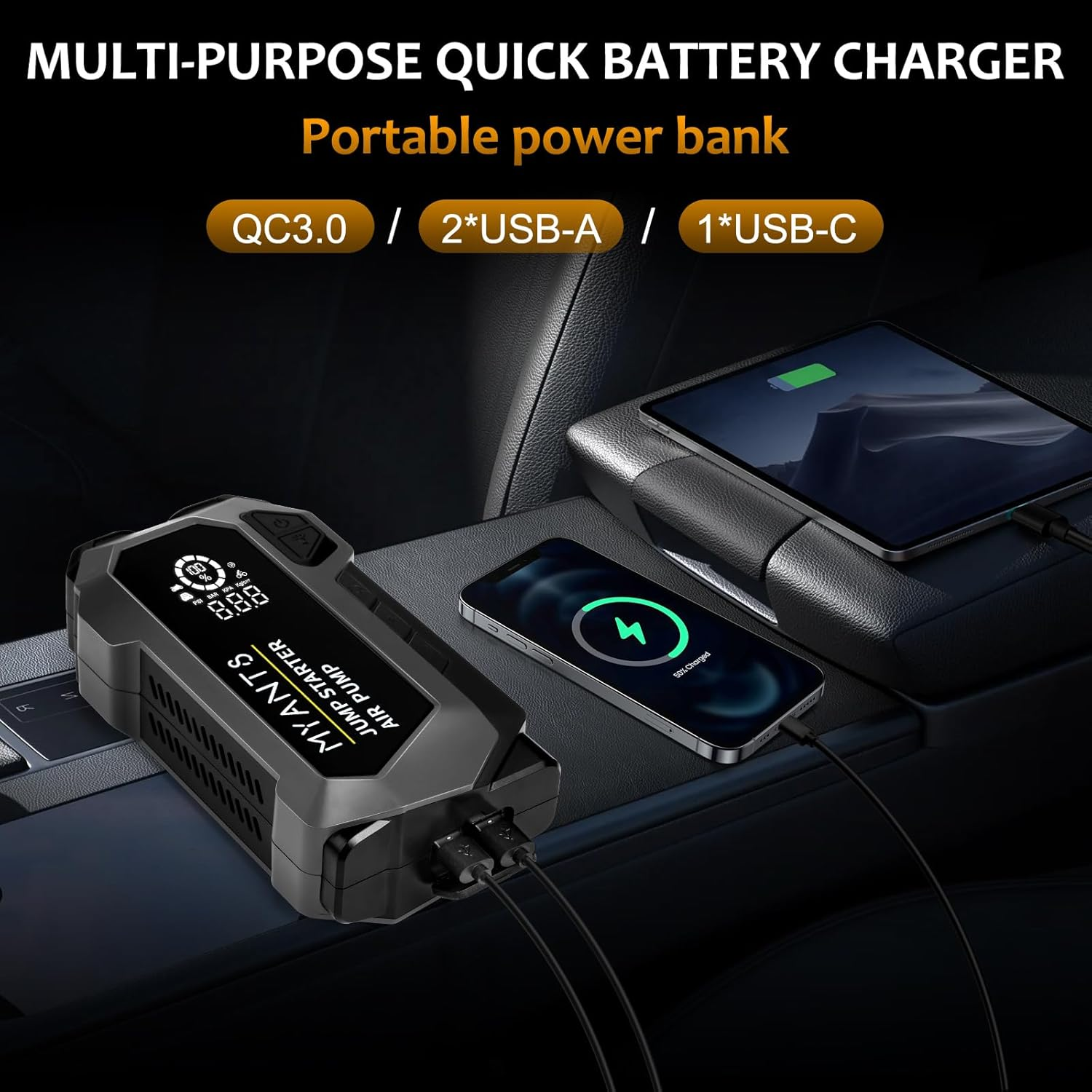 Car Battery Jump Starter with Air Compressor 4000A 12V Tyre Inflator, Power Bank Charger, Portable Jump Box Battery Booster Jumper Start Pack with USB QC 3.0,Up to 10.0L Gas/8.0L Diesel Engines image number 5