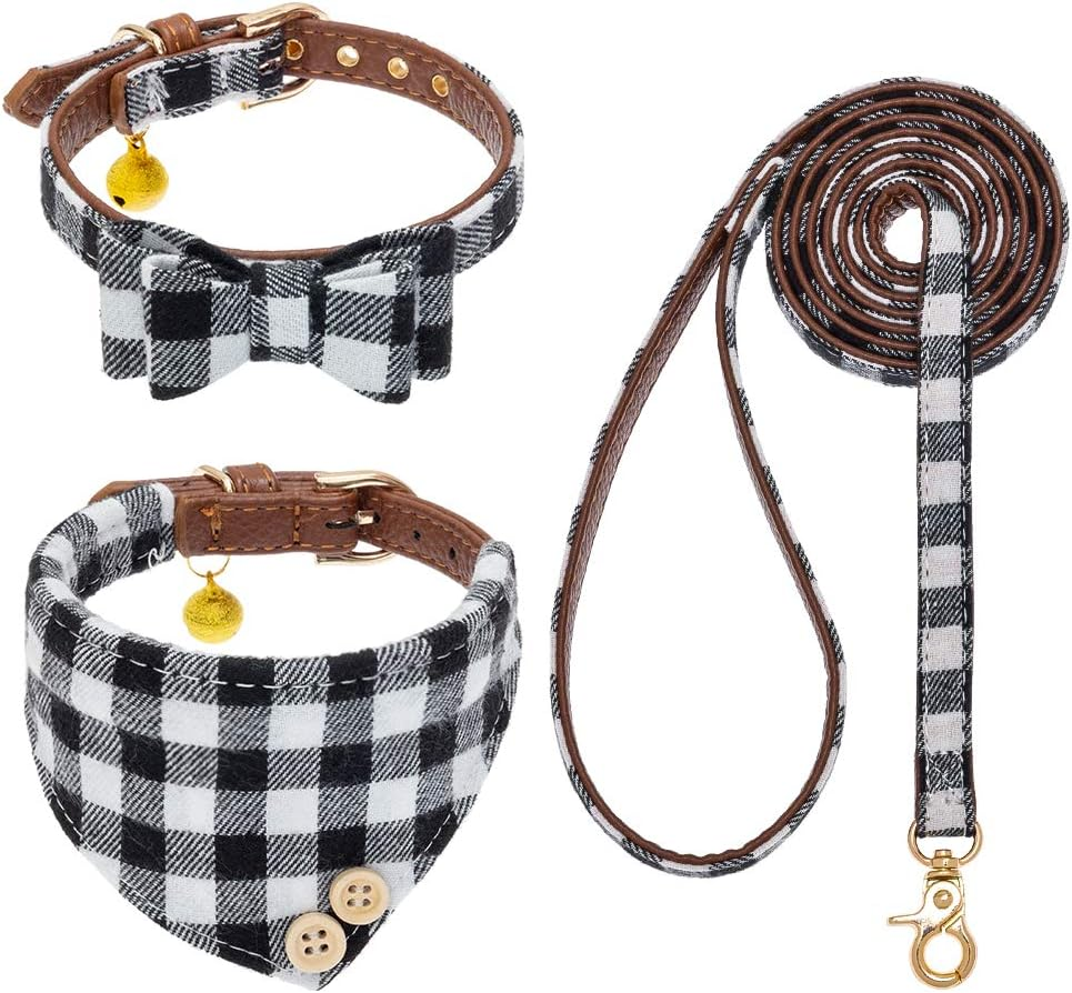 EXPAWLORER Dog Collar and Leash Set - Classic Plaid Dog Bow Tie and Dog Bandana Collar with Bell, Dog Leash Tangle Free, Adjustable Collars for Small Medium Large Dogs Cats, Holiday Ideal Gift