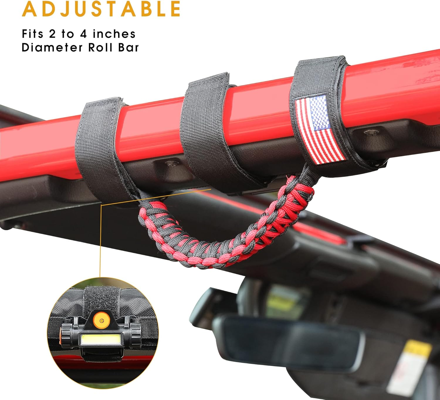 Sukemichi Handles Grab Roll Bar Grab Handles with Light for Jeep Wrangler Accessories TJ JK JL YJ Unlimited Rubicon Sahara 2 Door 4 Door Jeep Gladiator JT, Rechargeable Dome Light, Red, 2 Pack - For Jeep 2Pcs Black image number 4