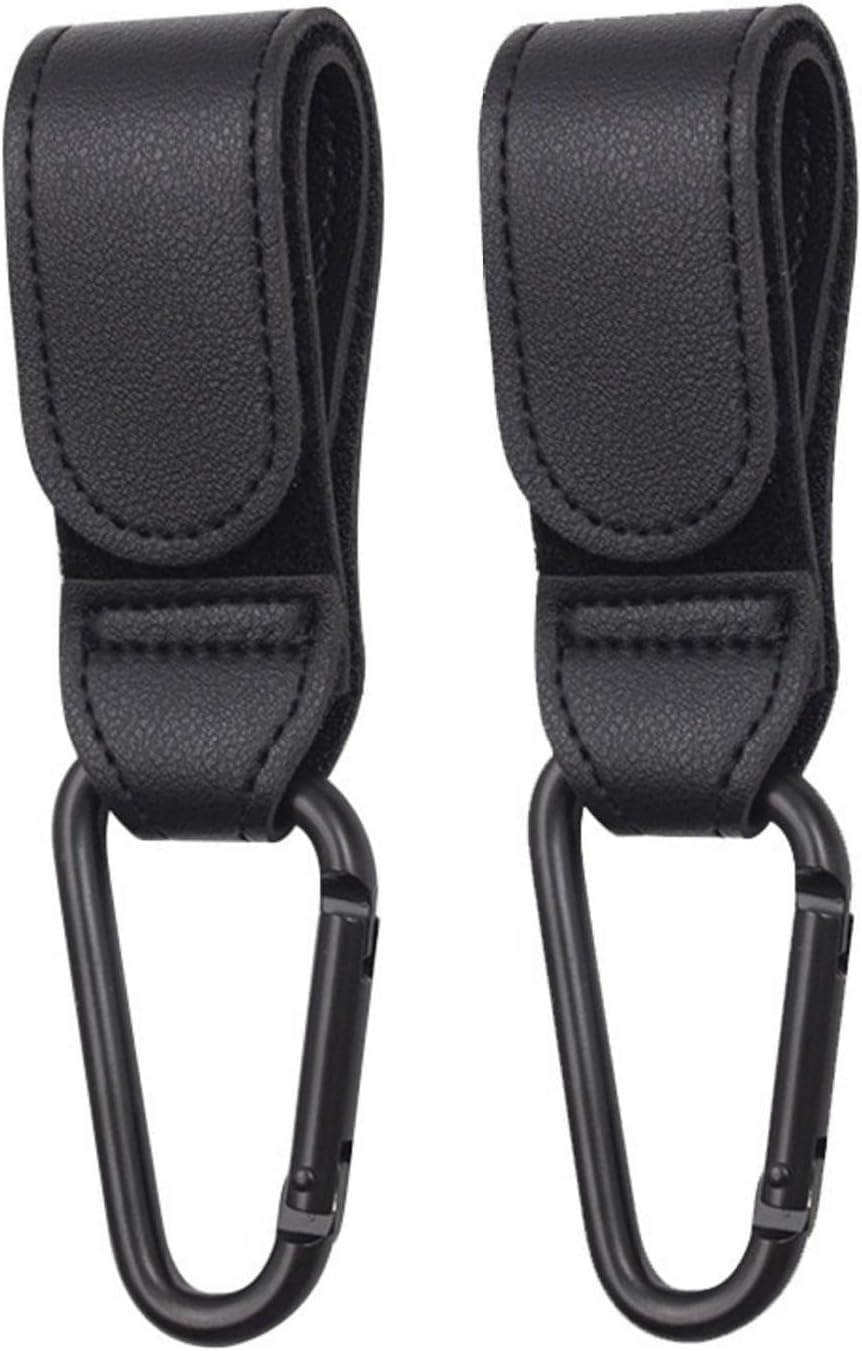 2 Pcs Baby Bag Clips, Leather Buggy Clips Multipurpose Hooks Pram Clips, Pushchair Clips Baby Stroller Hooks with Sturdy Carabiner and Strong Magic Adhesive for Hanging Shopping Handbag Changing Bag image number 2