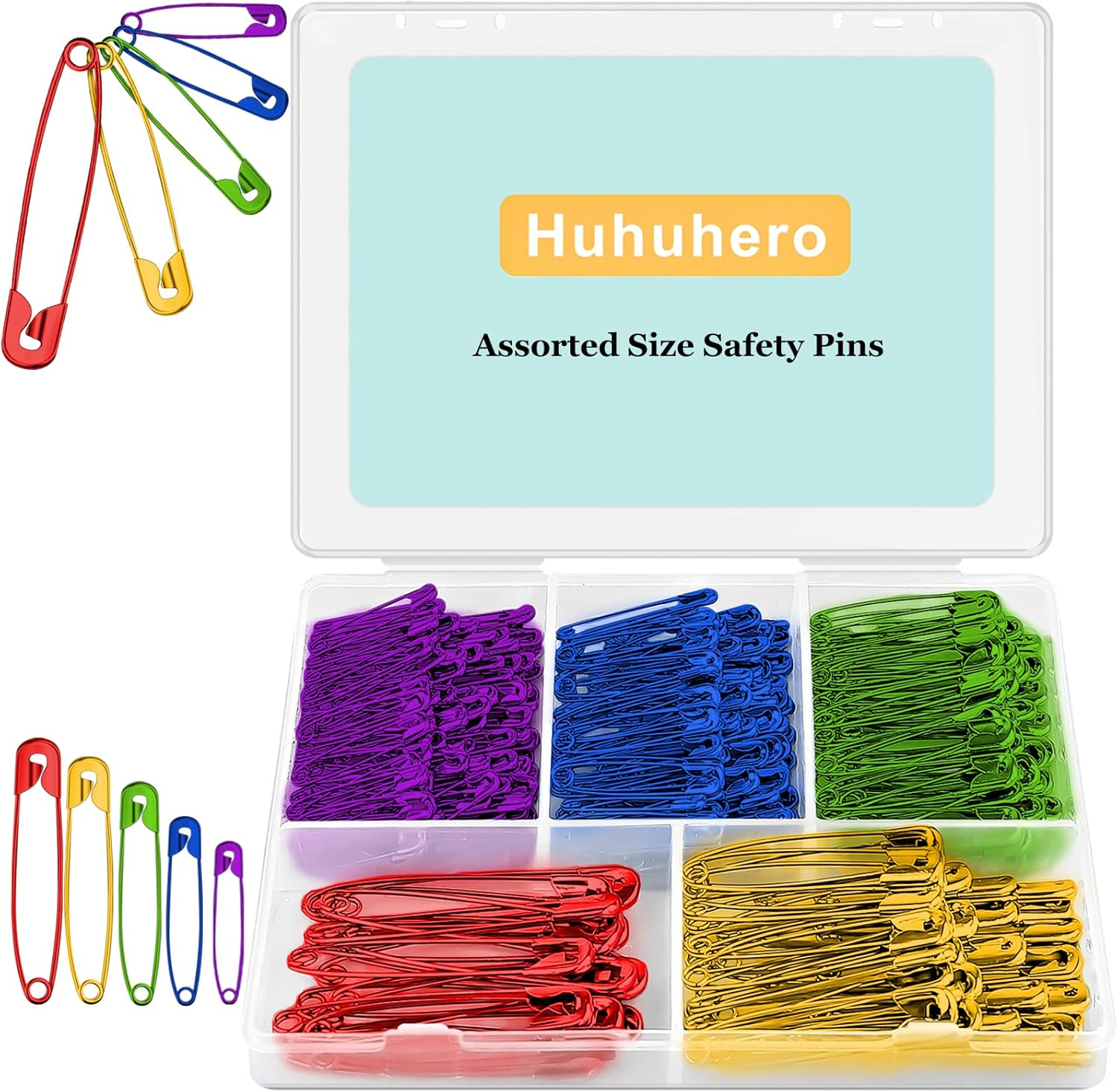 Huhuhero 340 Pack Safety Pins Assorted, Small and Large Safety Pins for Clothes Costume, 5 Different Sizes Nickel Plated Steel Pin Bulk, Sewing Crafts Art Supplies, Silver